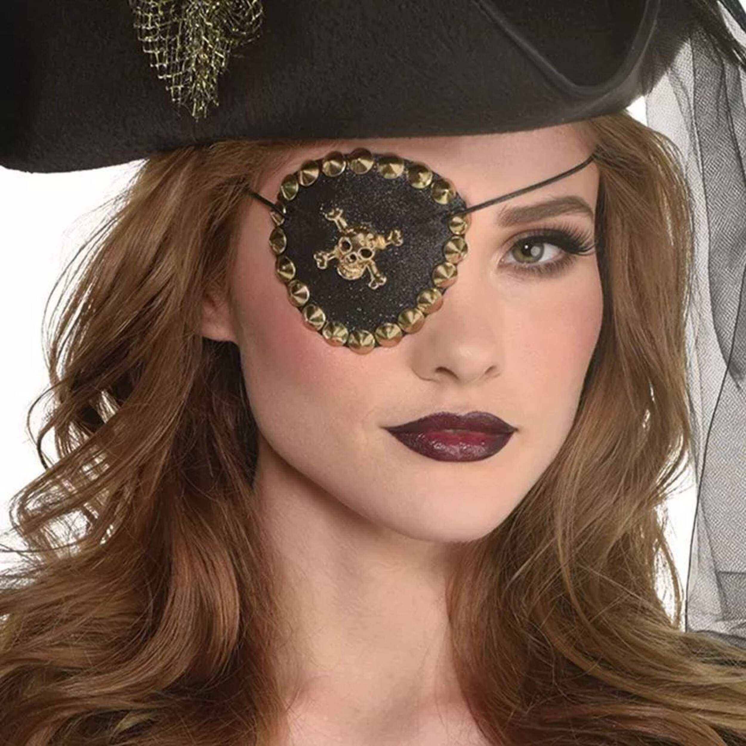 Studded Pirate Skull Eye Patch Eyeware, Black/Gold, One Size, Wearable Costume Accessory for Halloween Front_Flat