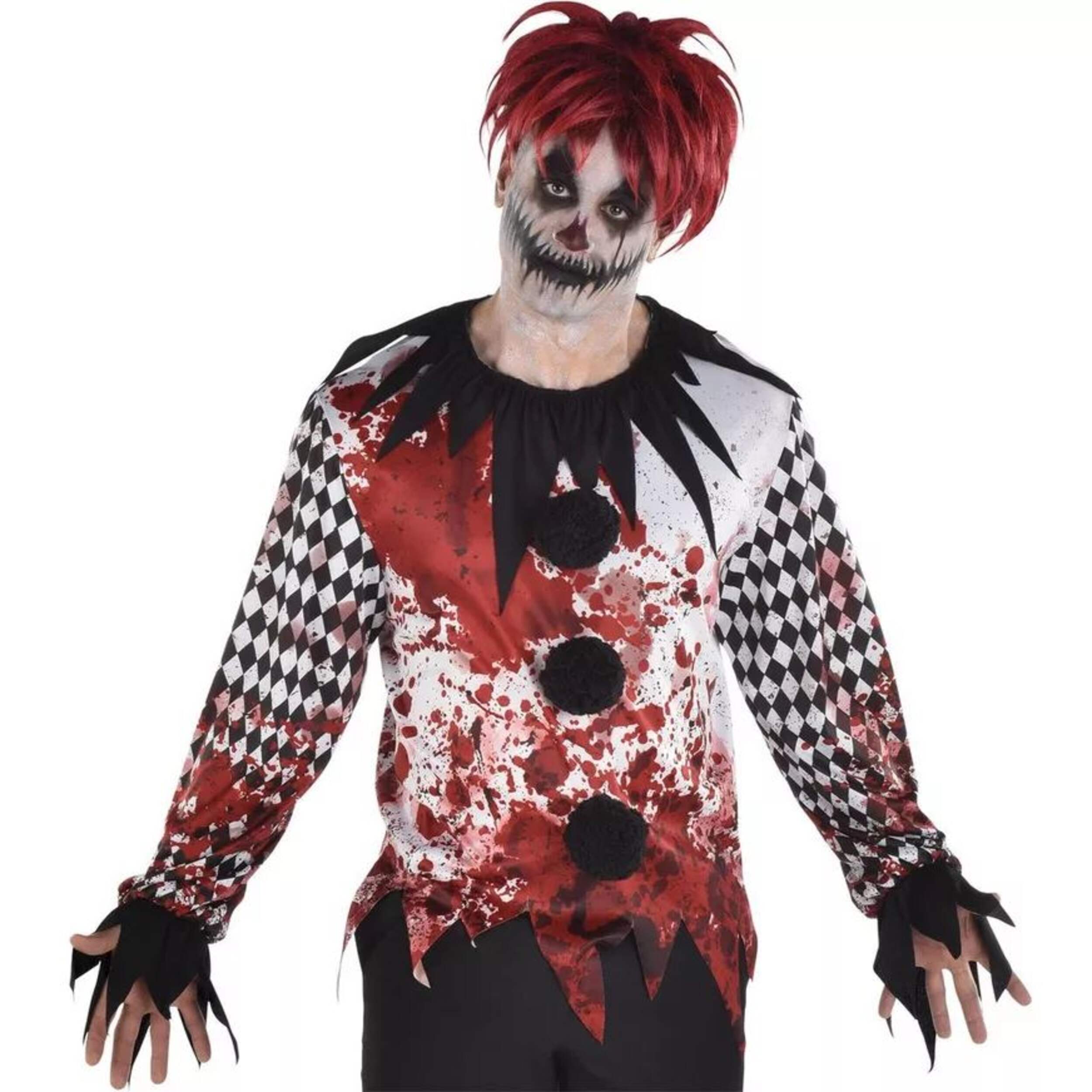 Adult Creepy Carnival Clown Evil Long Sleeve Shirt, Black/White/Red Checkered Blood Splattered, One Size, Wearable Costume Accessory for Halloween Front_Flat
