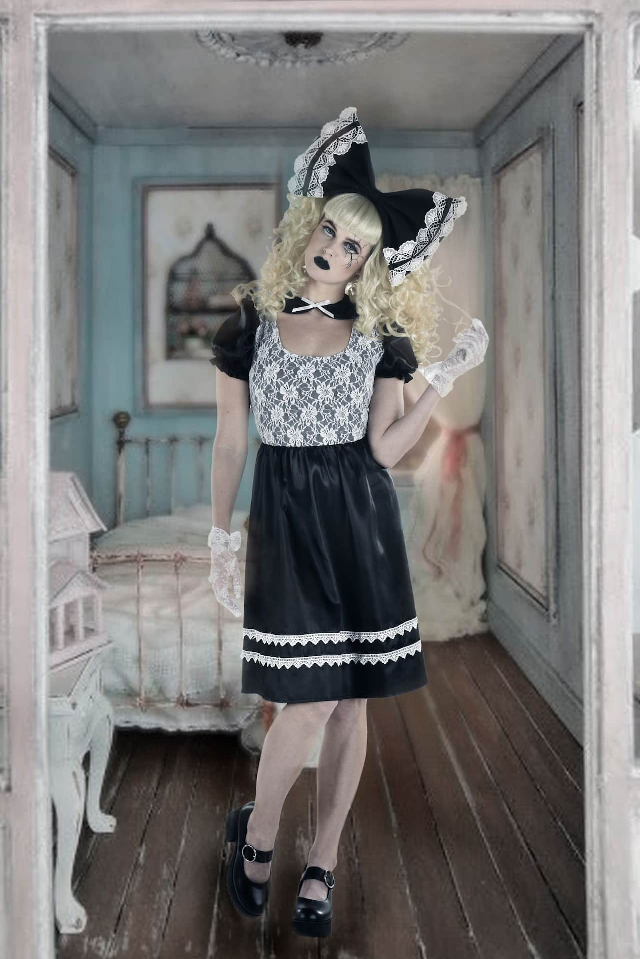 Women s Gothic Lace Doll Short Sleeve Dress Black White Assorted Sizes Wearable Costume for Halloween Party City