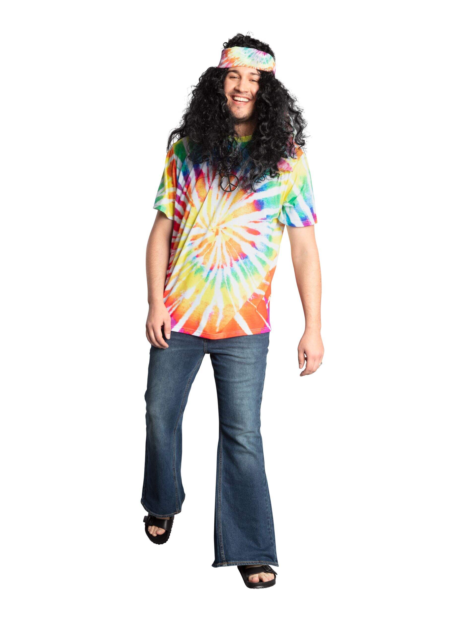 Adult Hippie 1960s Tie-Dye Crewneck T-Shirt, Rainbow, One Size, Wearable Costume Accessory for Halloween Front_Flat