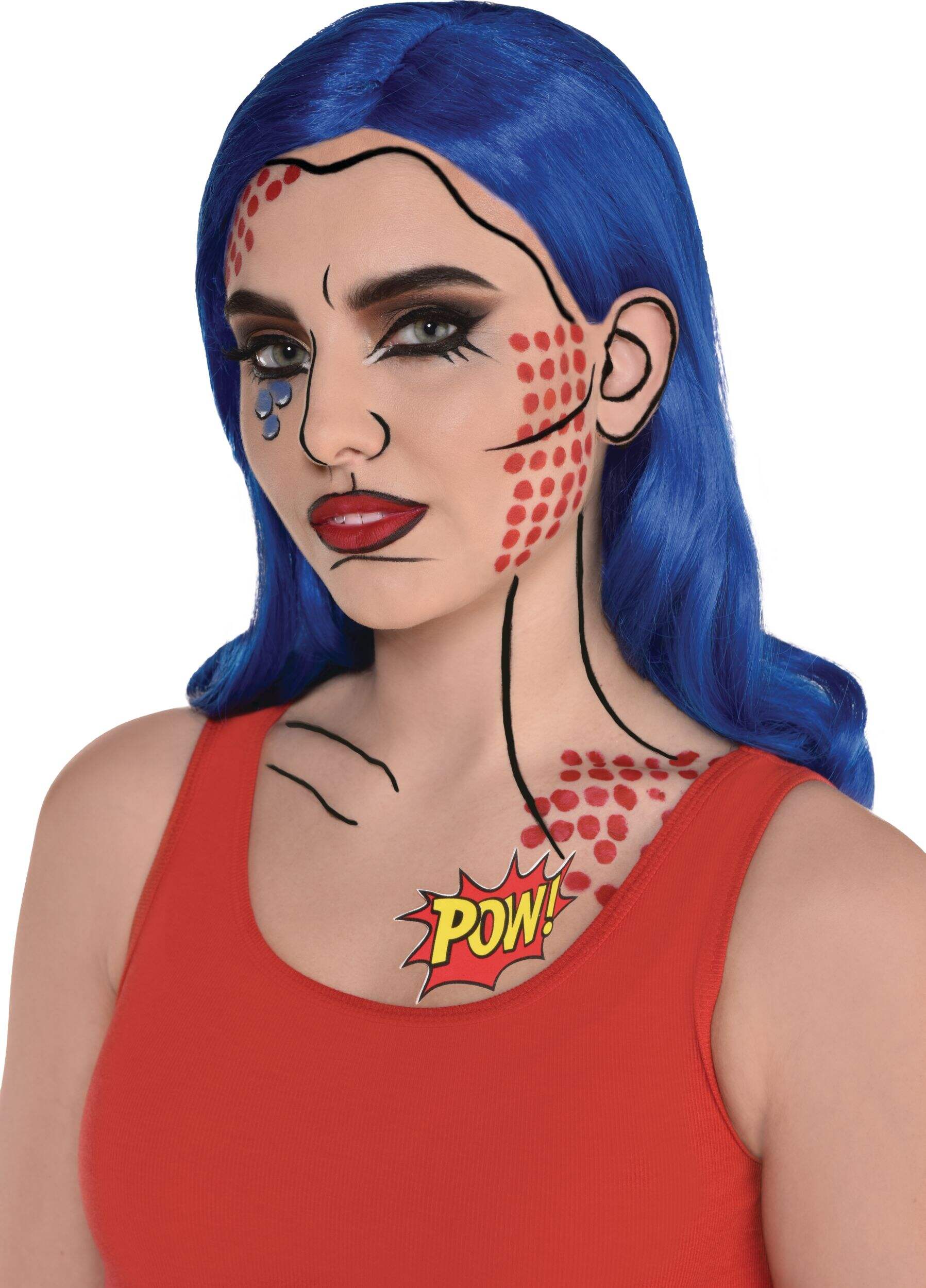 Comic Book Pointalism Face Makeup Kit with 4 Colours, 4 Stencils & Brush, Blue/Black/Red/White, One Size, 4-pk, Costume Accessories for Halloween Front_Angled_Left