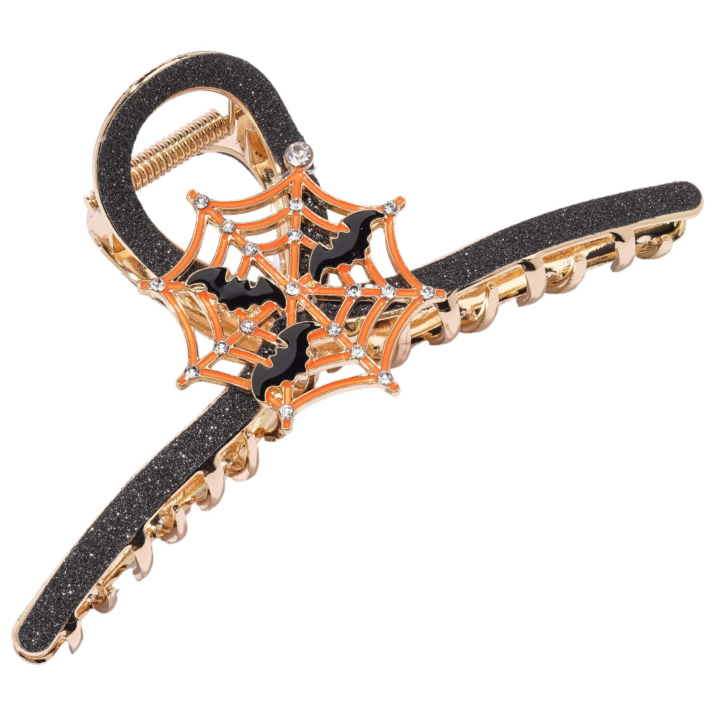 Black Glitter Glow In The Dark Spider Web with Bat Claw Clip Front_Flat