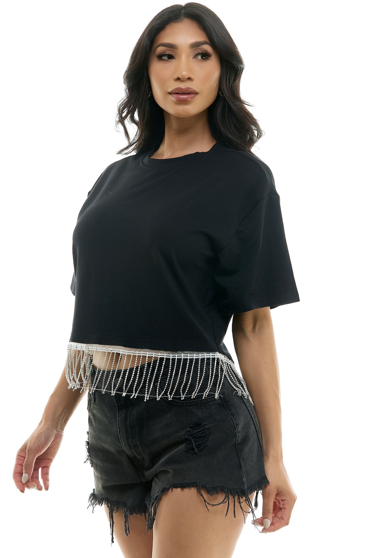 Women's Black Rhinestone Fringe T-Shirt, Assorted Sizes