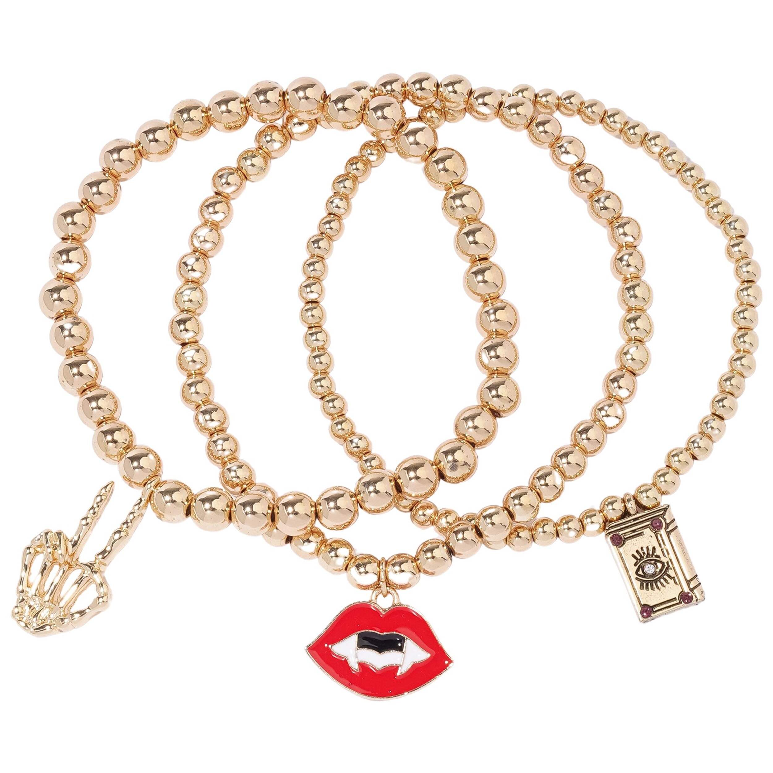 Skeleton, Book, and Vampire Lip Charm Bracelet Set Overhead_Flat