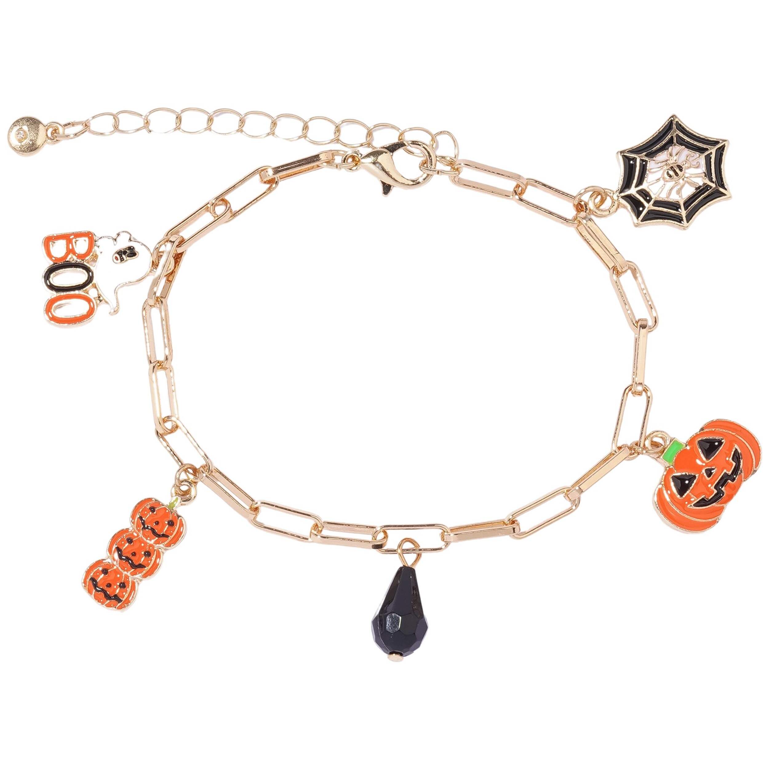 Ghost, Spider and Web, Black Stone Charm Bracelet Overhead_Flat
