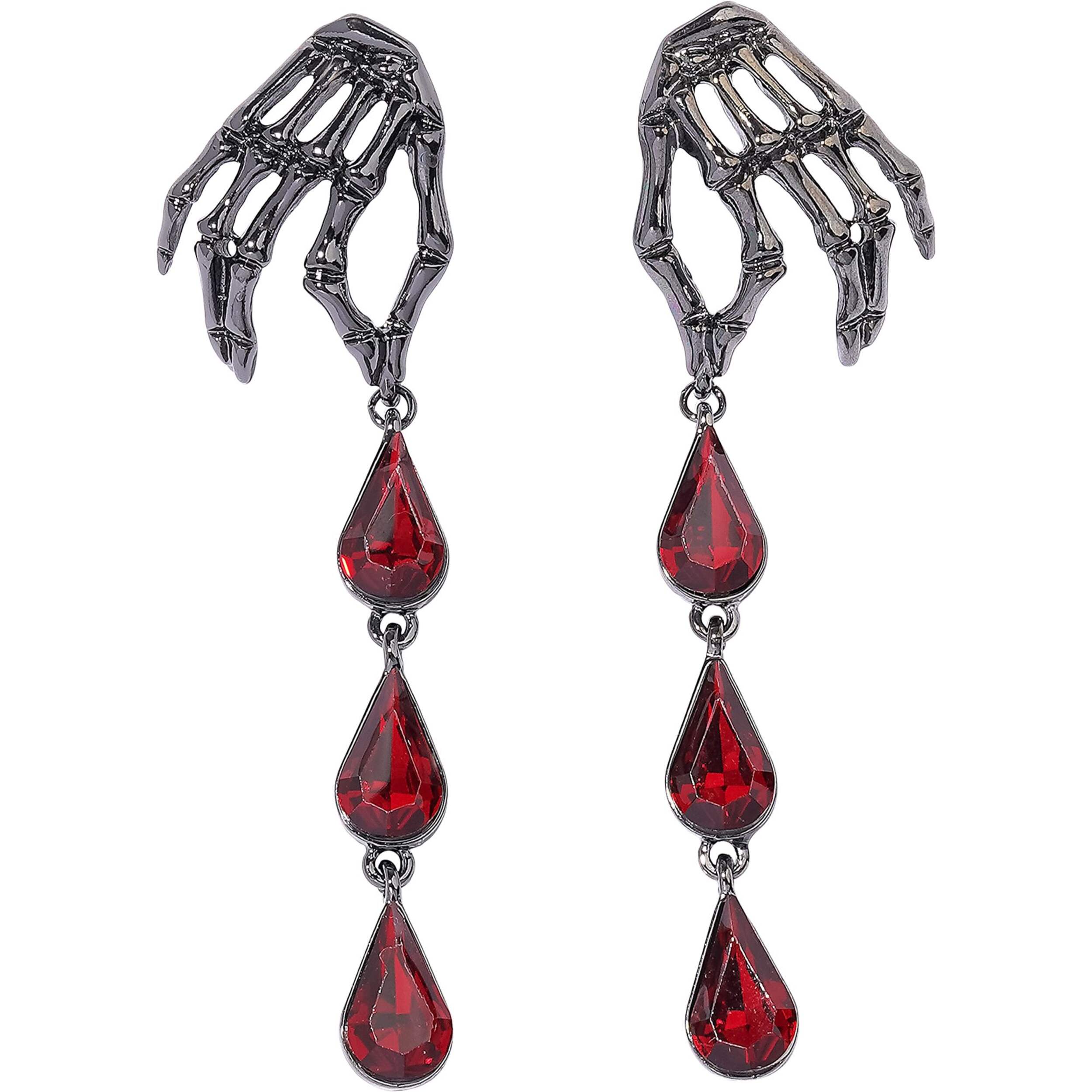Skeleton Hand Post With Red Tear Drops Earrings Front_Flat