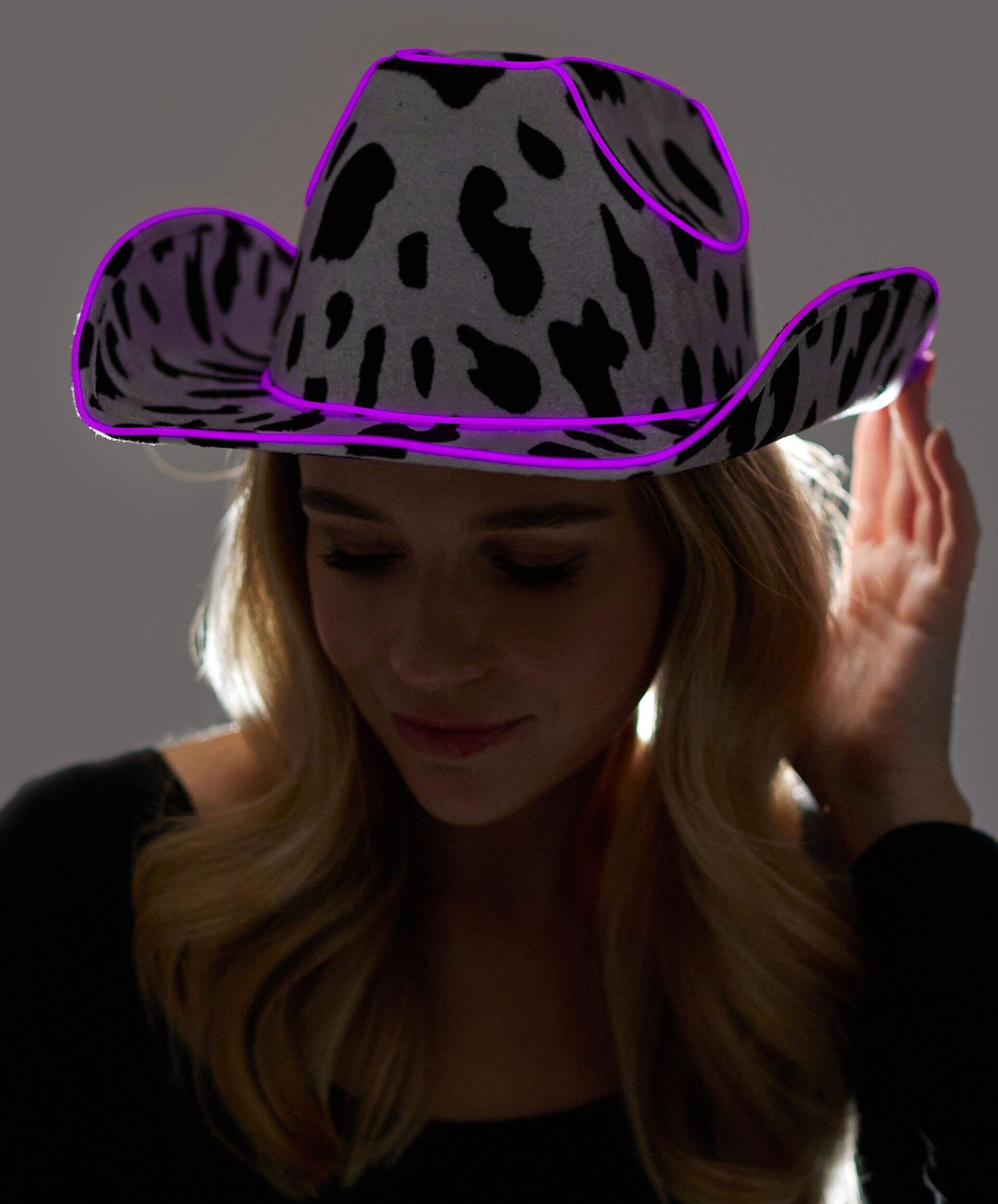 Chapeau de cowboy lumineux pour adulte, imprimé peau de vache Front_Angled_Left