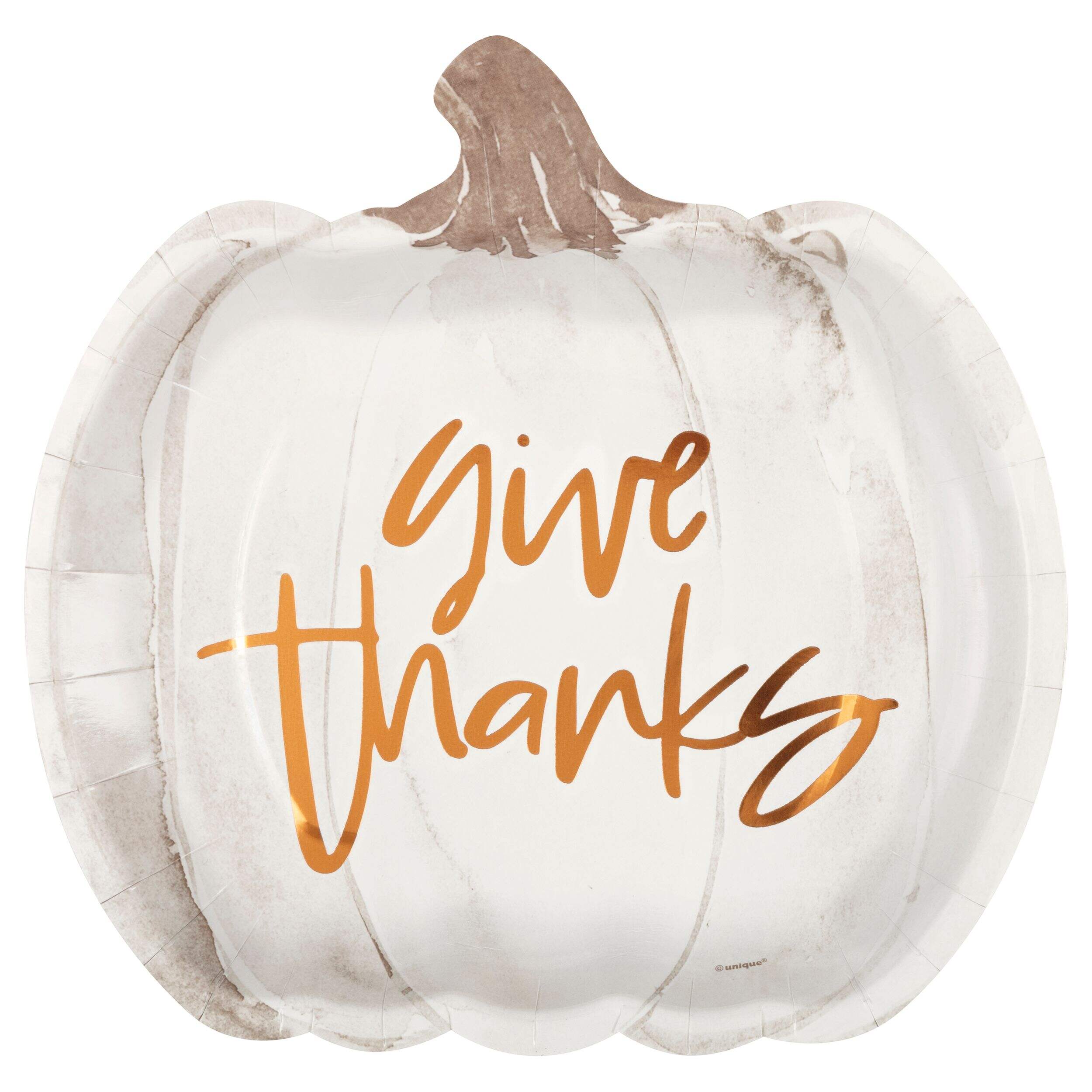 Pumpkin Shaped "Give Thanks" Paper Disposable Plates with Foil, 8-in, 8-pk, for Fall/Thanksgiving/Halloween Front_Flat