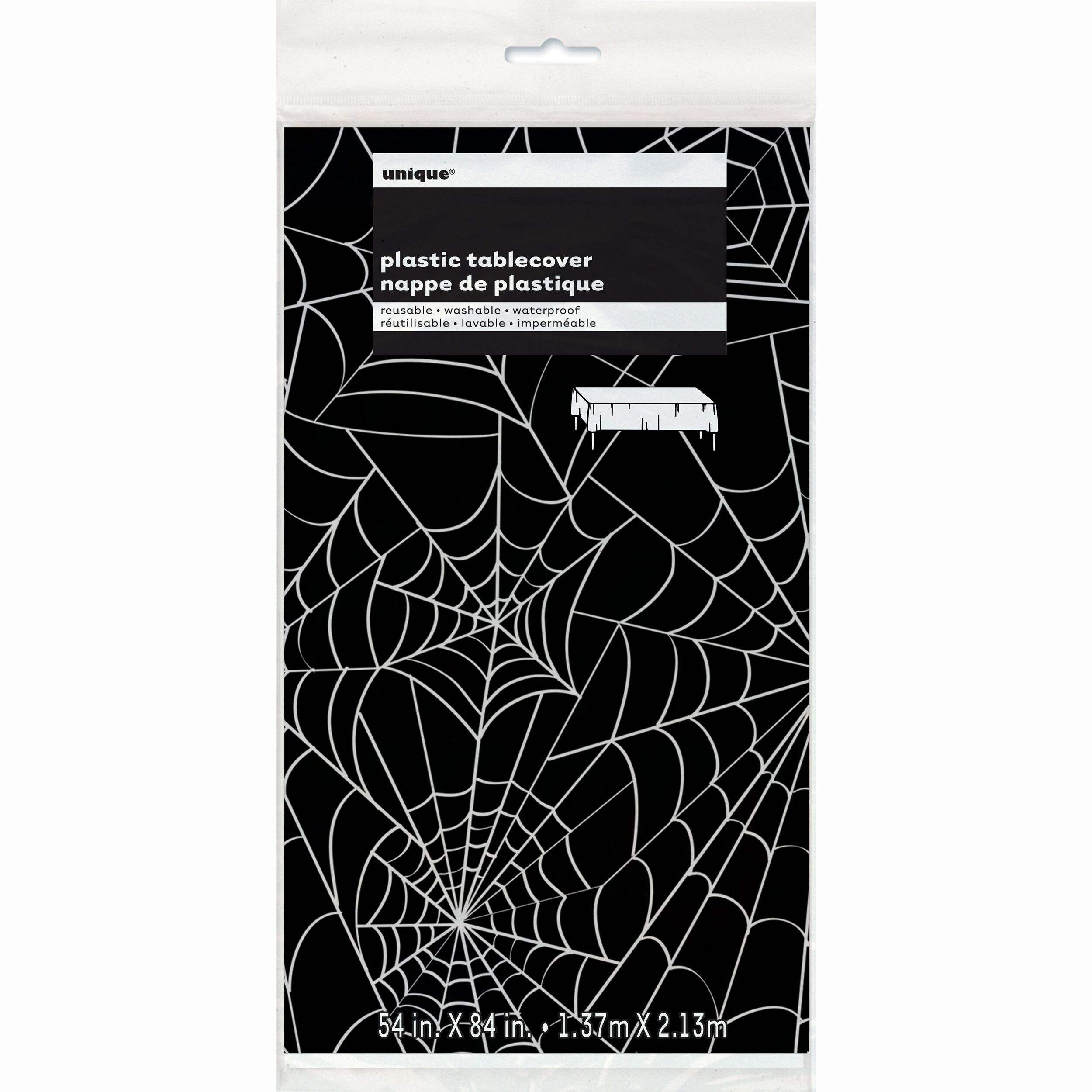 Unique Spider Web Black Halloween Water Resistant Plastic Table Cover, 84x54-in Front_Flat