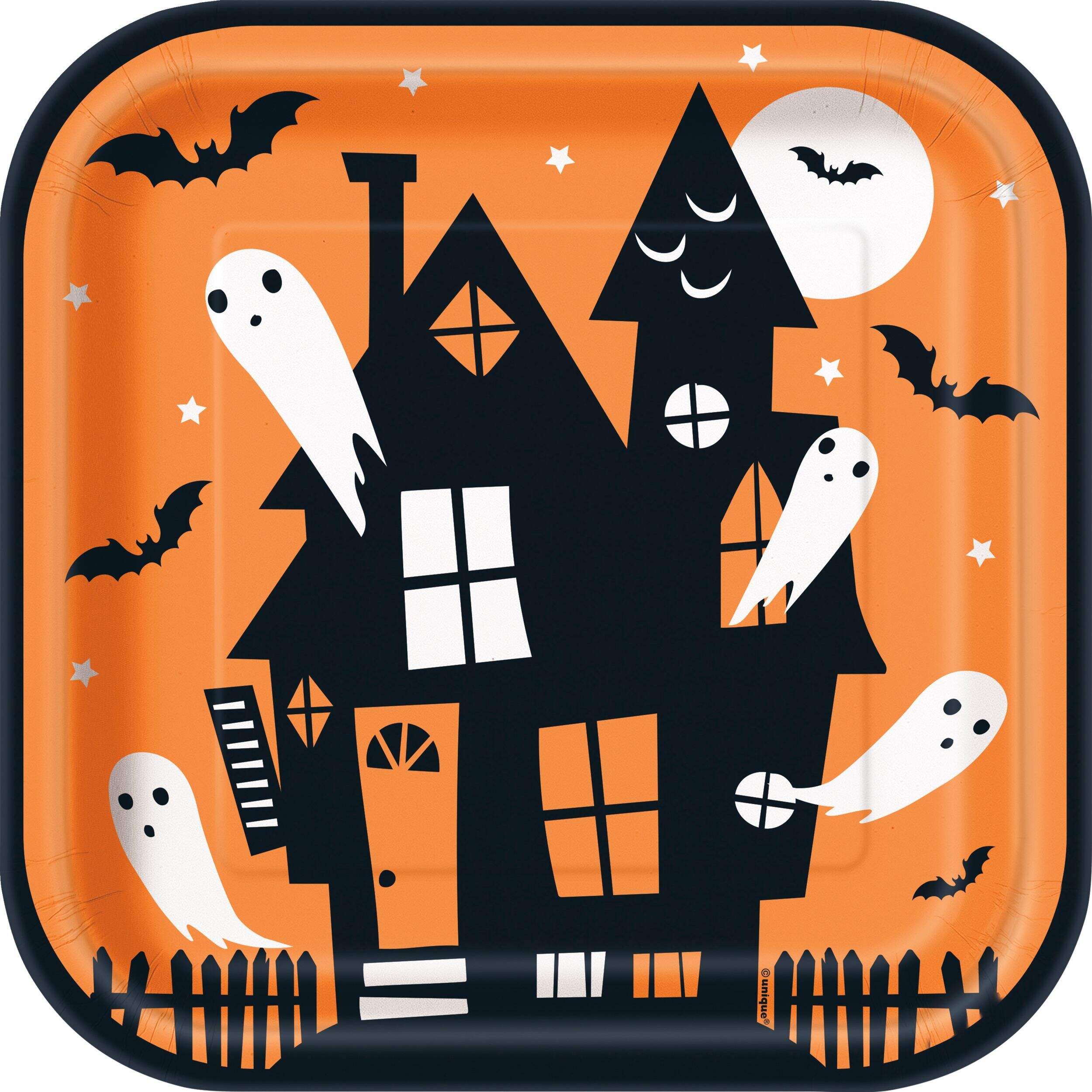 Haunted House Halloween Themed Disposable Square Plate, 9-in, 8-pc Overhead_Flat