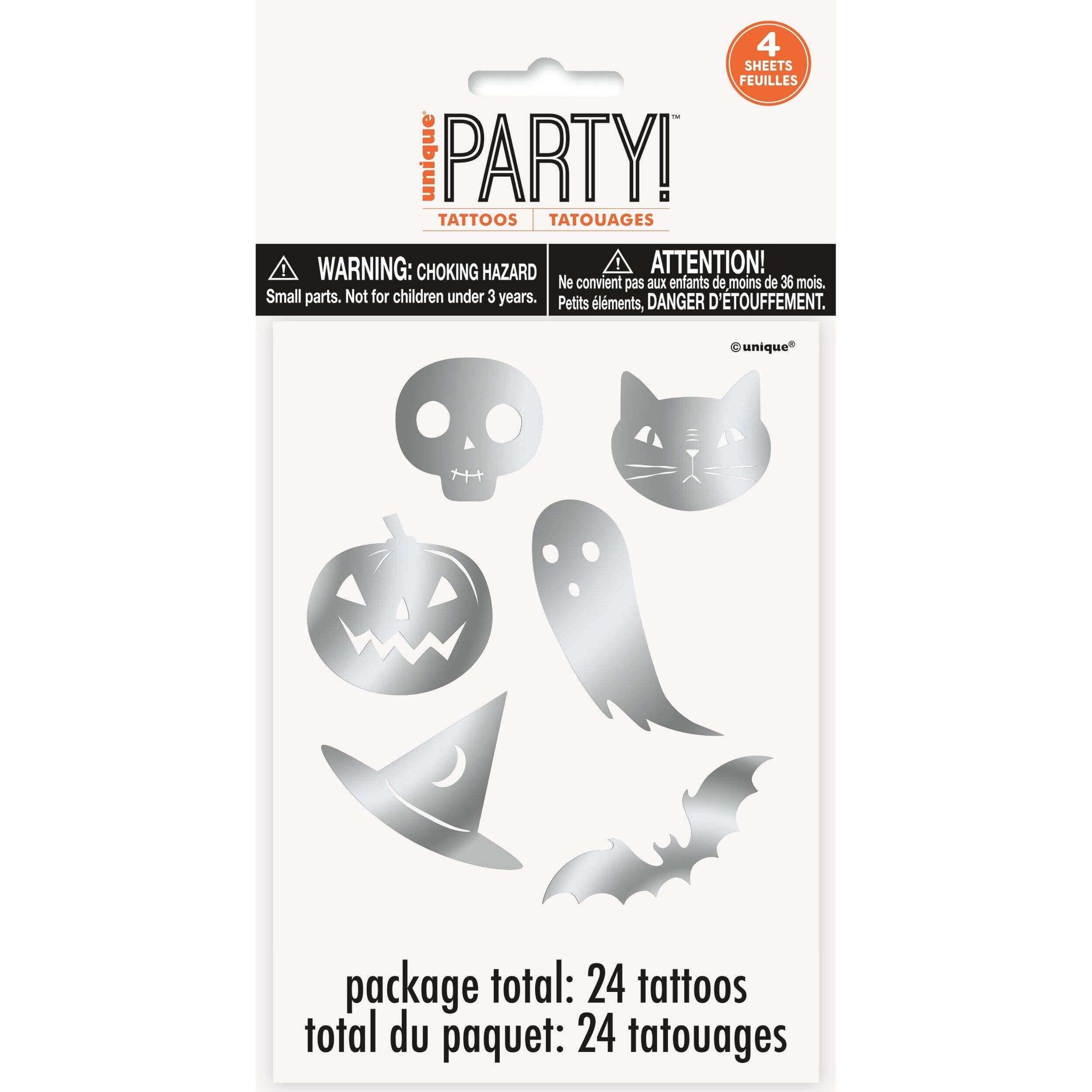 Tatouages temporaires d'Halloween pour enfants Unique, argent, paq. 24 Front_Flat