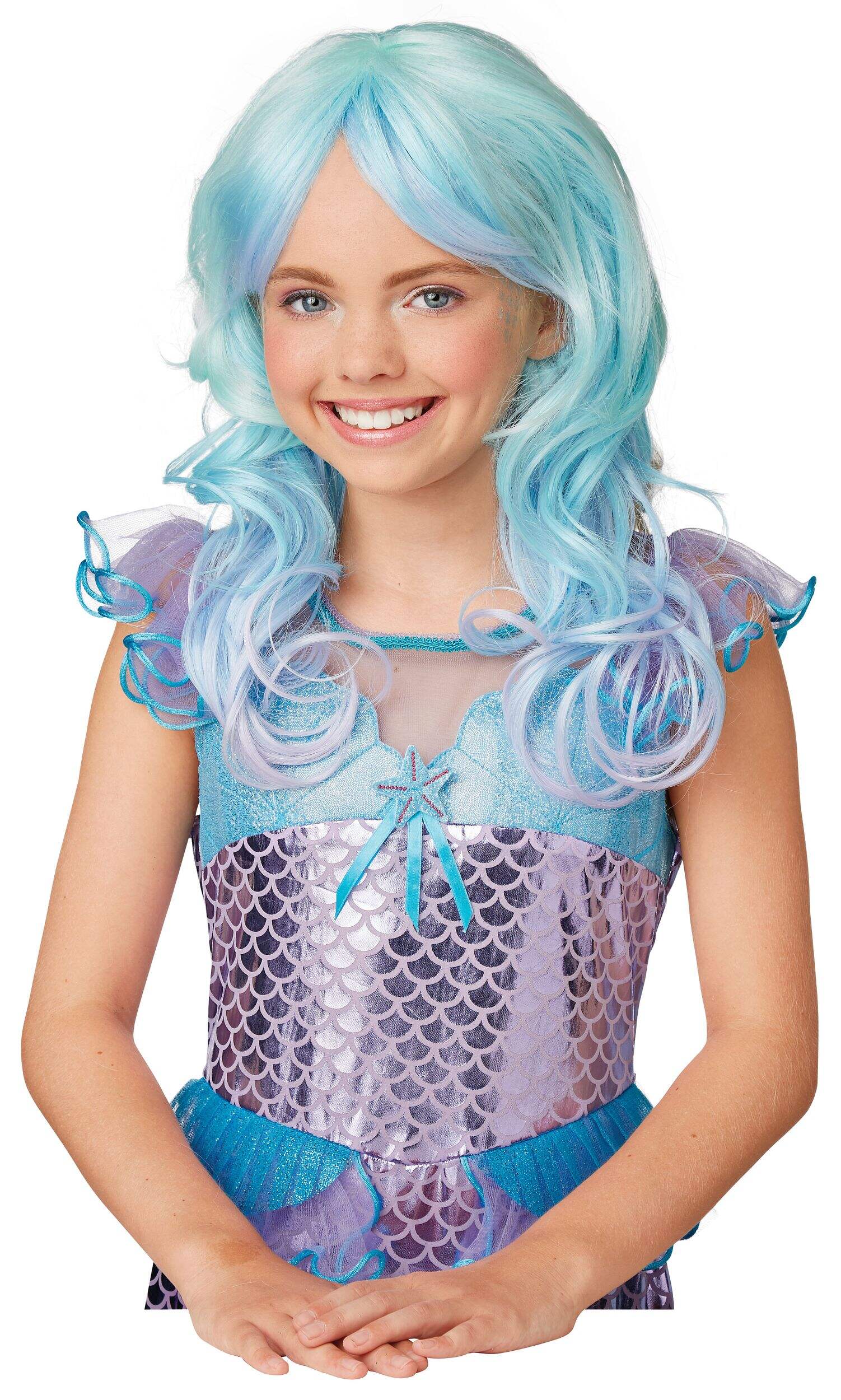 Perruque à cheveux bleus ondulés, taille universelle pour enfant, accessoire de costume prêt-à-porter pour l'Halloween Front_Angled_Left