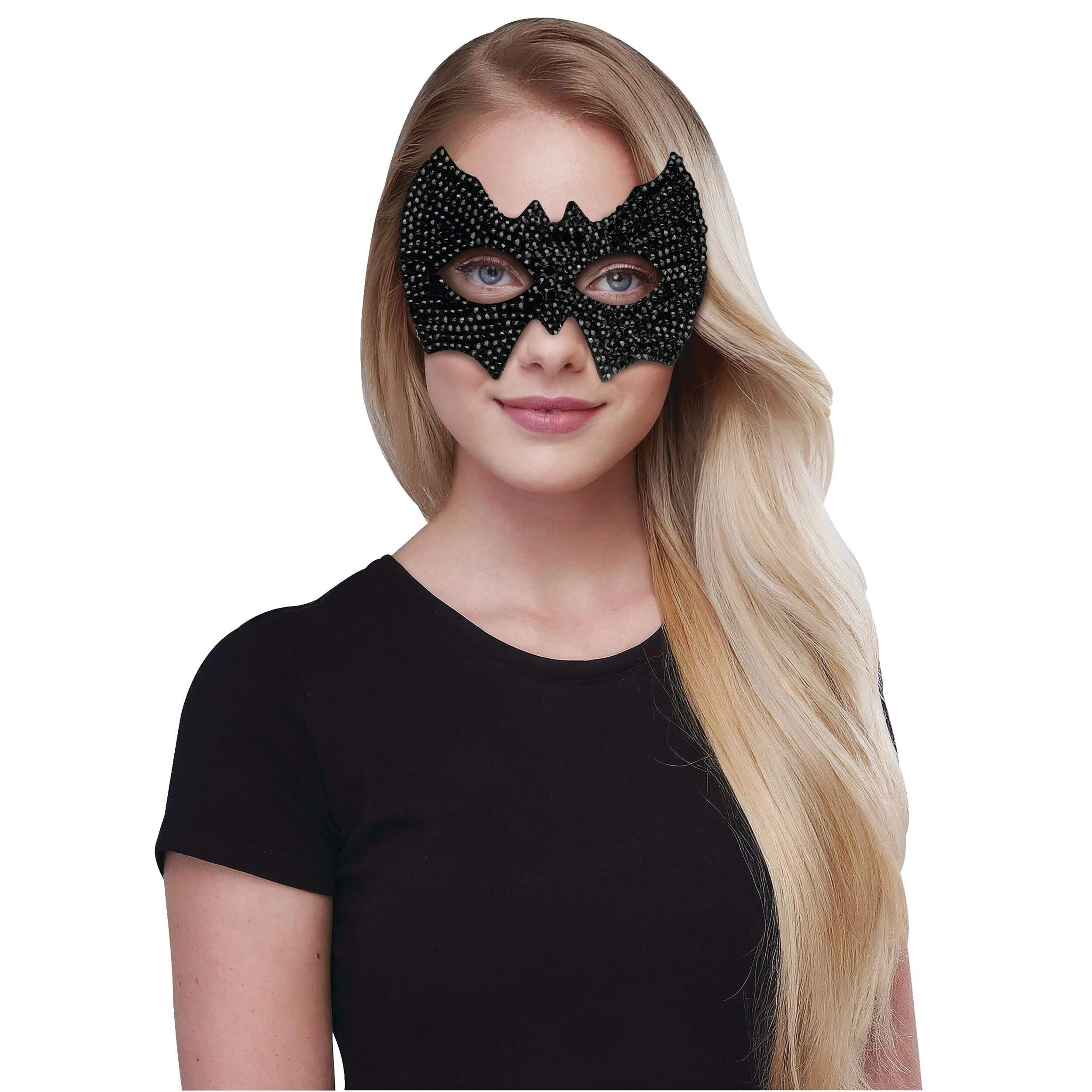 Masque pour les yeux en forme de chauve-souris avec des diamants, noir, unisexe, taille standard unique pour adulte, accessoire de costume prêt-à-porter pour l'Halloween Front_Flat