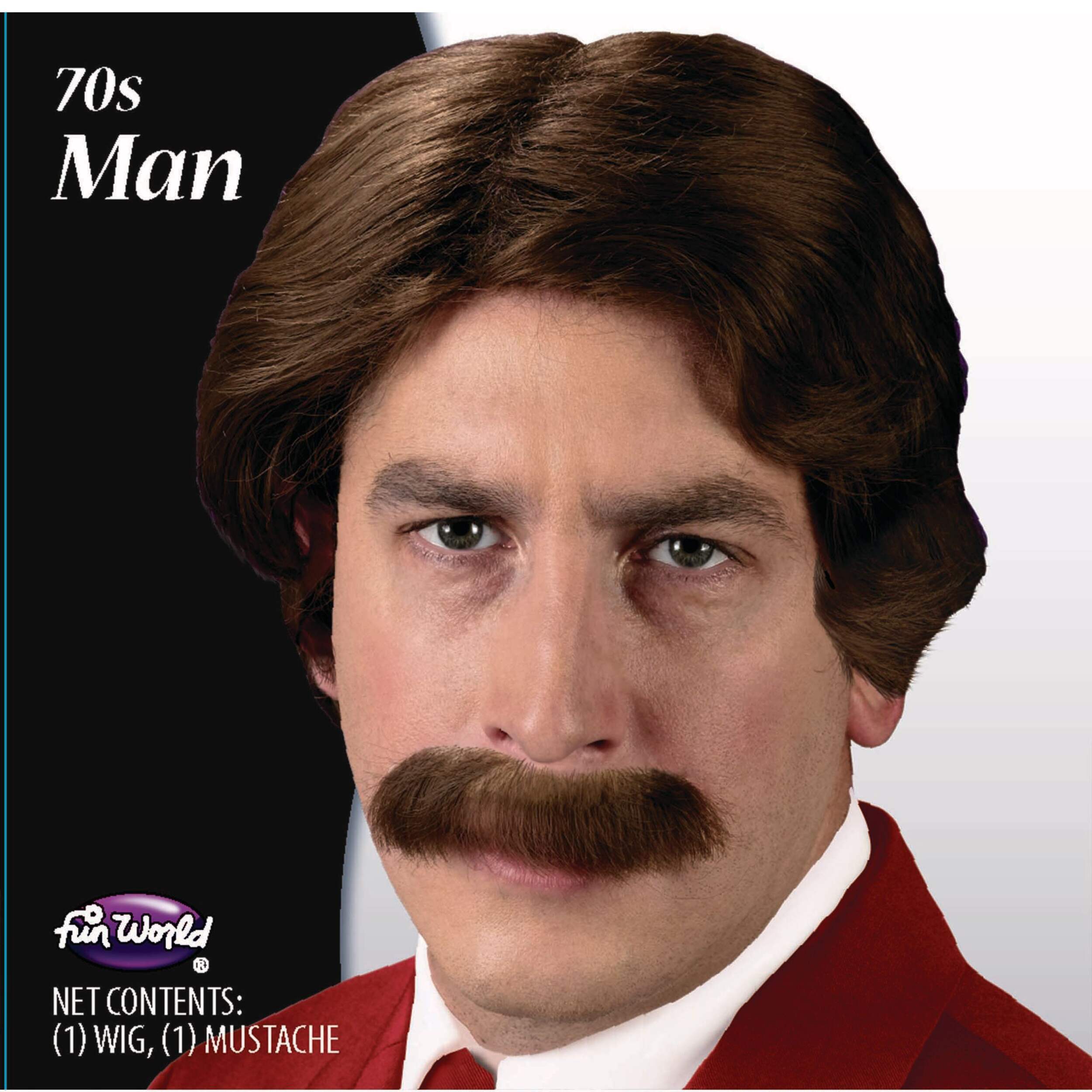 News Anchor Faux Wig & Moustache Set for Halloween, Brown, One Size Front_Flat