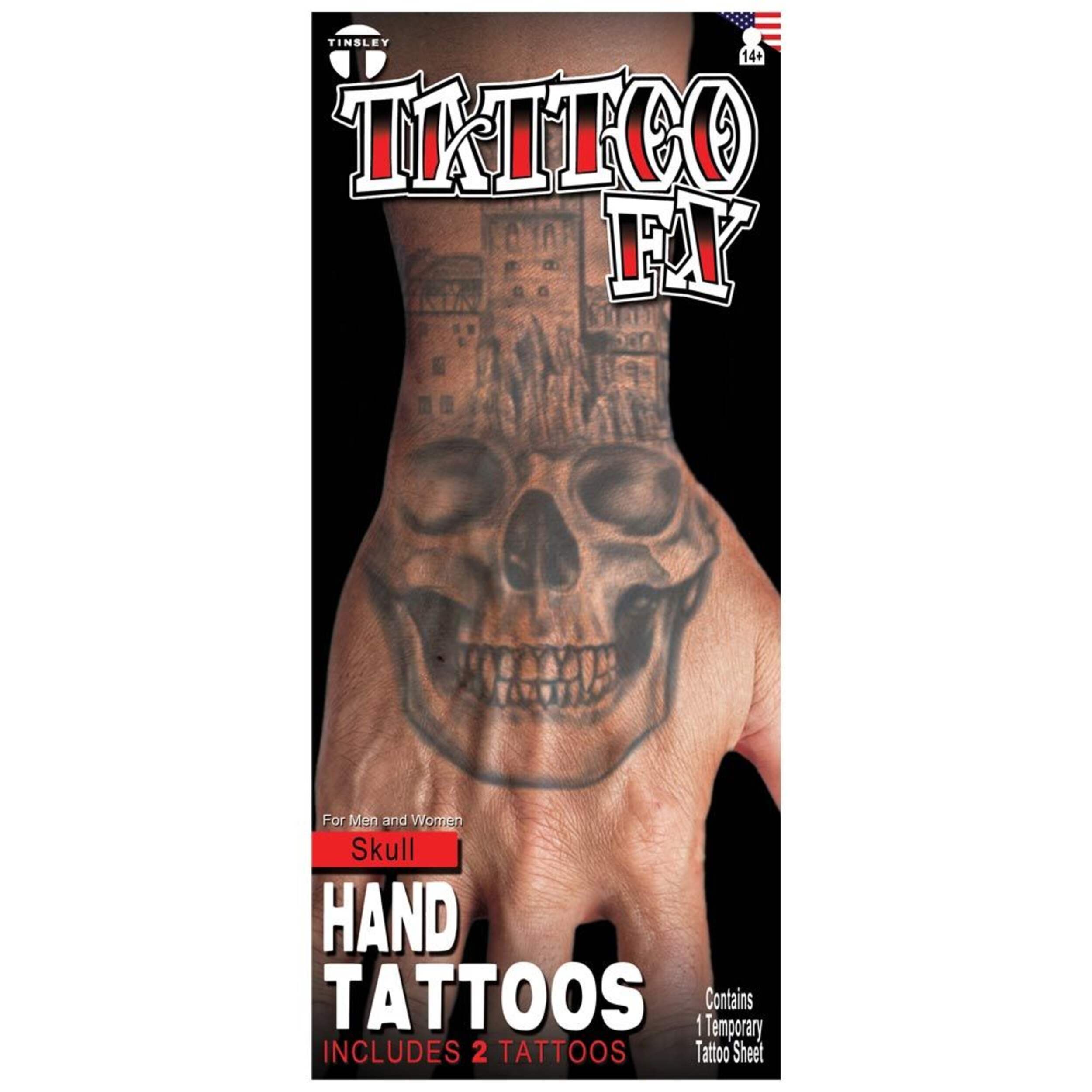 Scary Skull Wearable Temporary Hand Tattoo for Halloween, Black, 2-pk Front_Flat