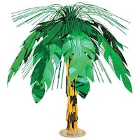Palm Tree Metallic Tinsel Spray Burst Centerpiece Table Decoration, Green/Brown, 20-in, for Summer Party Front_Flat