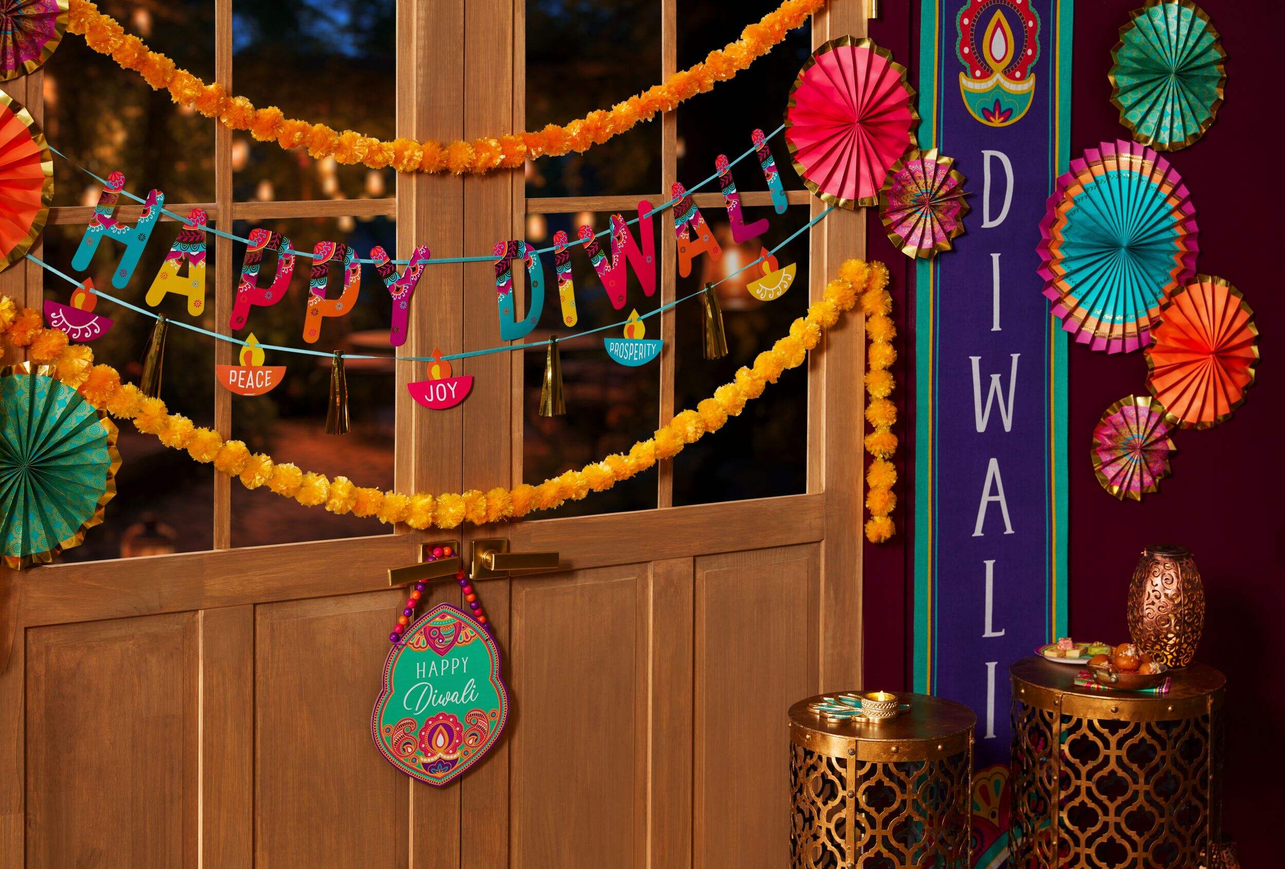 "Happy Diwali" Fan Hanging Sign Decorations, Purple/Orange, 15-in, 13-pk, for Diwali Composite_or_Mixed