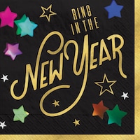 Starlight  "Ring in the New Year" Square Paper Disposable Beverage Napkins, Black/Gold, 5-in, 40-pk, for New Years Eve Overhead_Flat