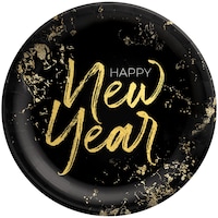Assiettes à dîner rondes en papier jetables Cheers for the New Year, noir/doré, 10 po, paq. 20, pour la veille du jour de l'An Overhead_Flat
