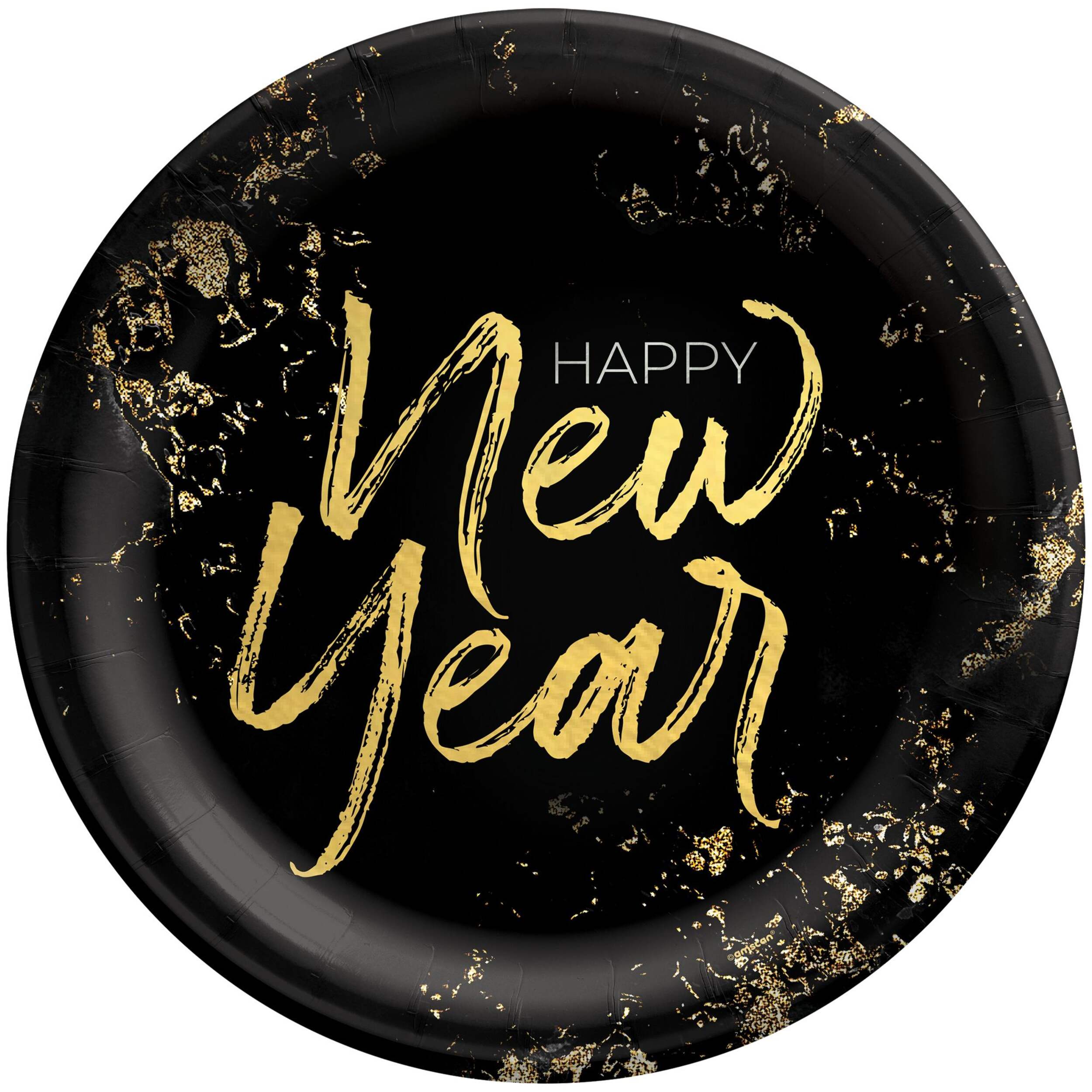 "Cheers For The New Year" Round Paper Disposable Dinner Plates, Black/Gold, 10-in, 20-pk, for New Years Eve Overhead_Flat