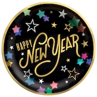 Assiettes plates rondes jetables en papier étoilé Happy New Year, multicolore, 10 po, paq. 20, pour la veille du jour de l'An Front_Flat
