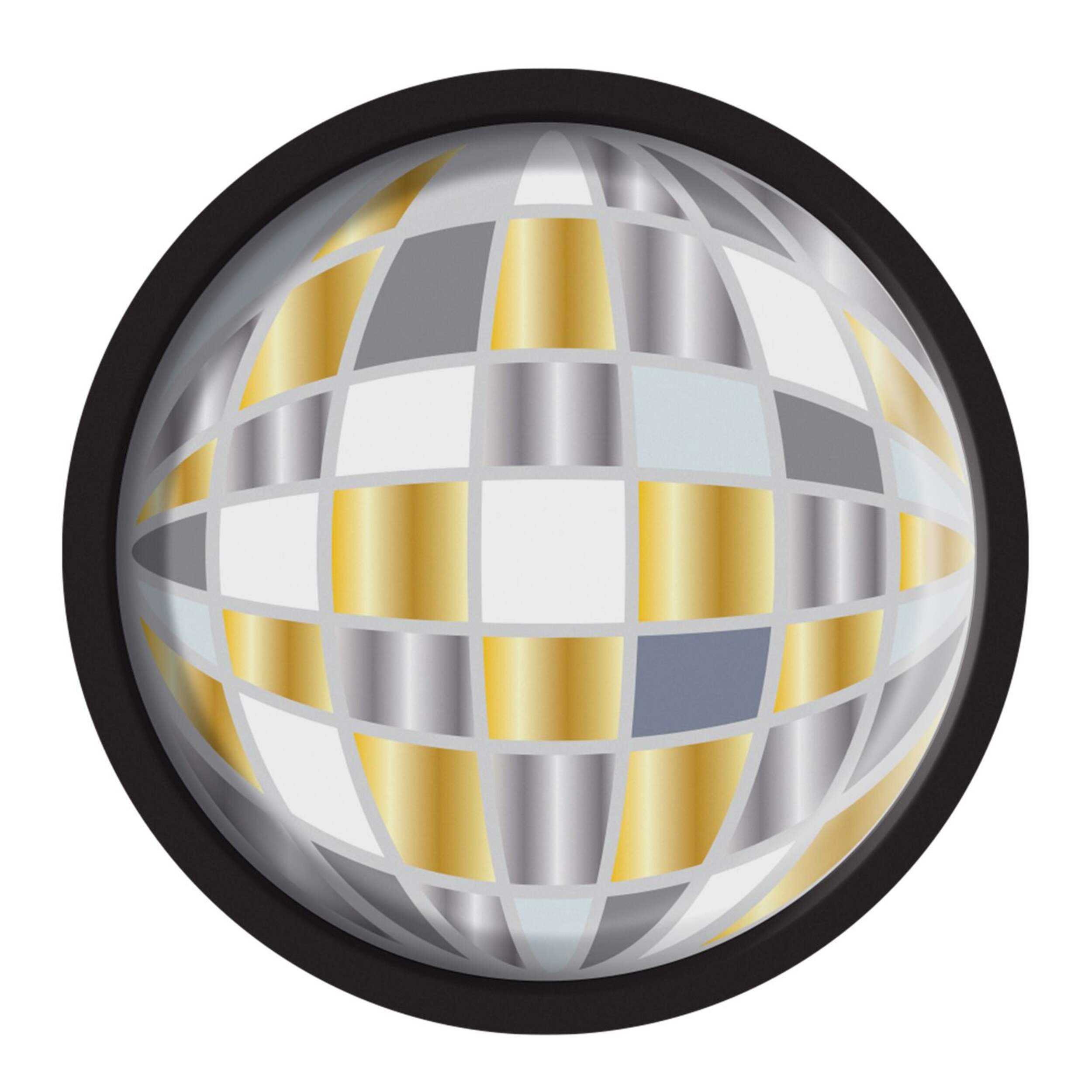Assiettes à salade rondes découpées en forme de boule Sophistiplate Disco avec aluminium, noir/or/argent, 7,5 po, paq. 8, veille du jour de l'An Overhead_Flat