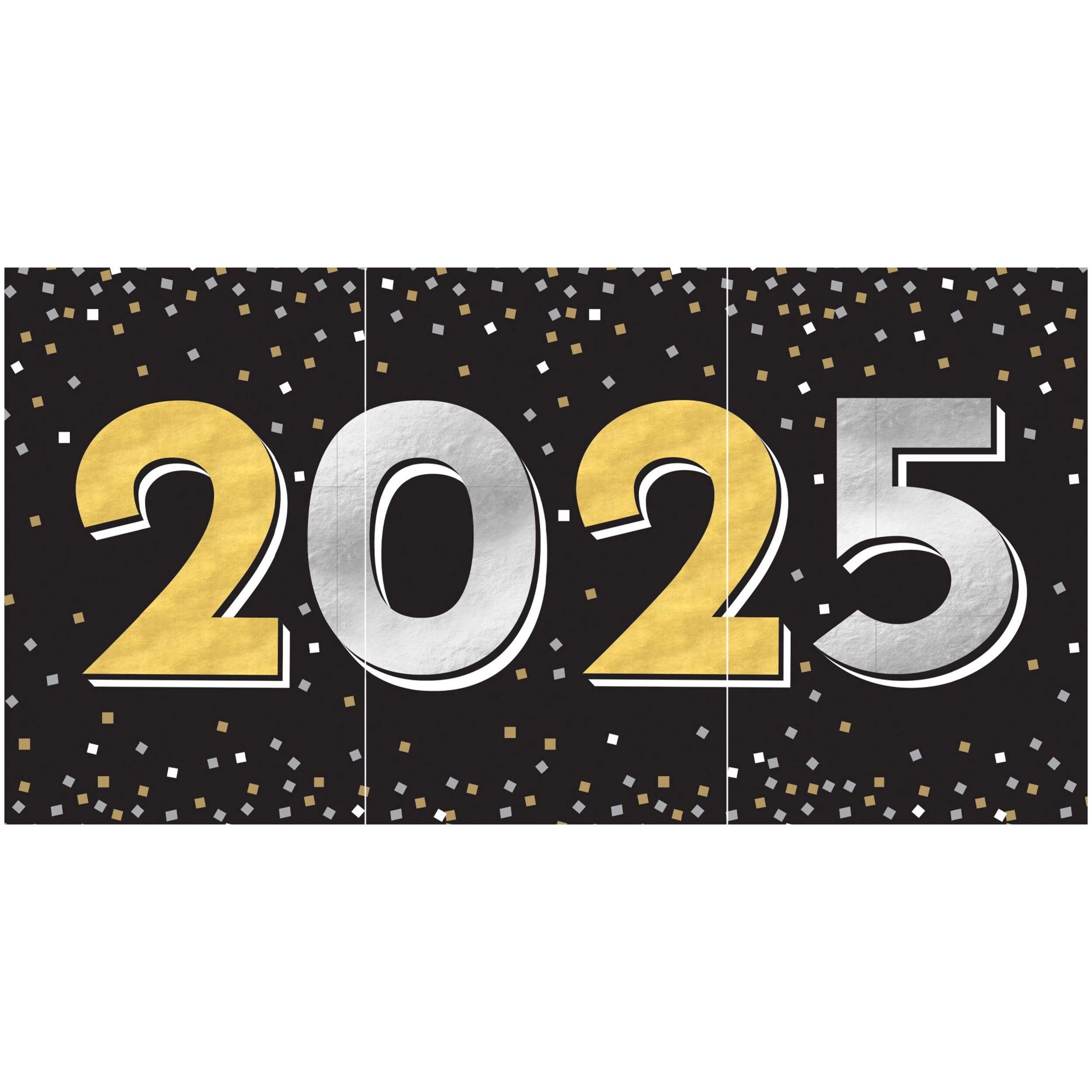 2025 New Years Large Horizontal Banner Decoration, Black/Silver/Gold, 65 x 33.5-in, for New Years Eve Party Front_Flat