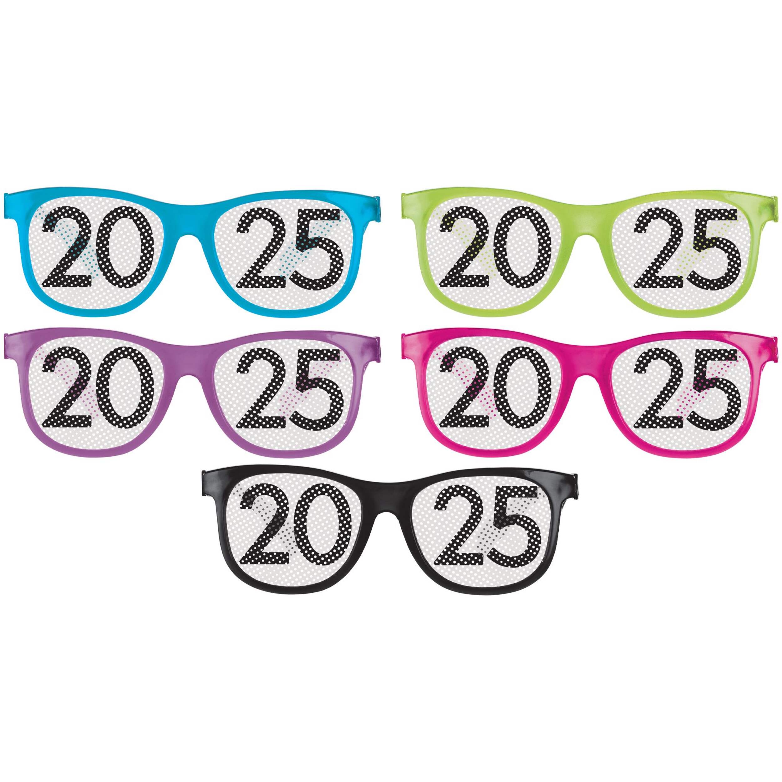 Colourful '2025' Printed Wearable New Year's Eve Glasses, Multi-Colour, One Size, 10-pk Front_Flat
