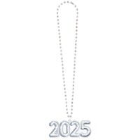 Light-Up Number Beaded Necklace with "2025" Pendant Jewelry, Silver, One Size, Wearable Accessory for New Year's Eve Front_Flat