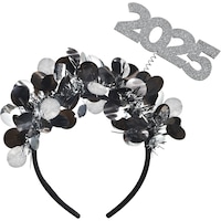 "2025" Fabric Headband, Black/Silver, One Size, Wearable Costume Accessory for New Year's Eve Front_Flat