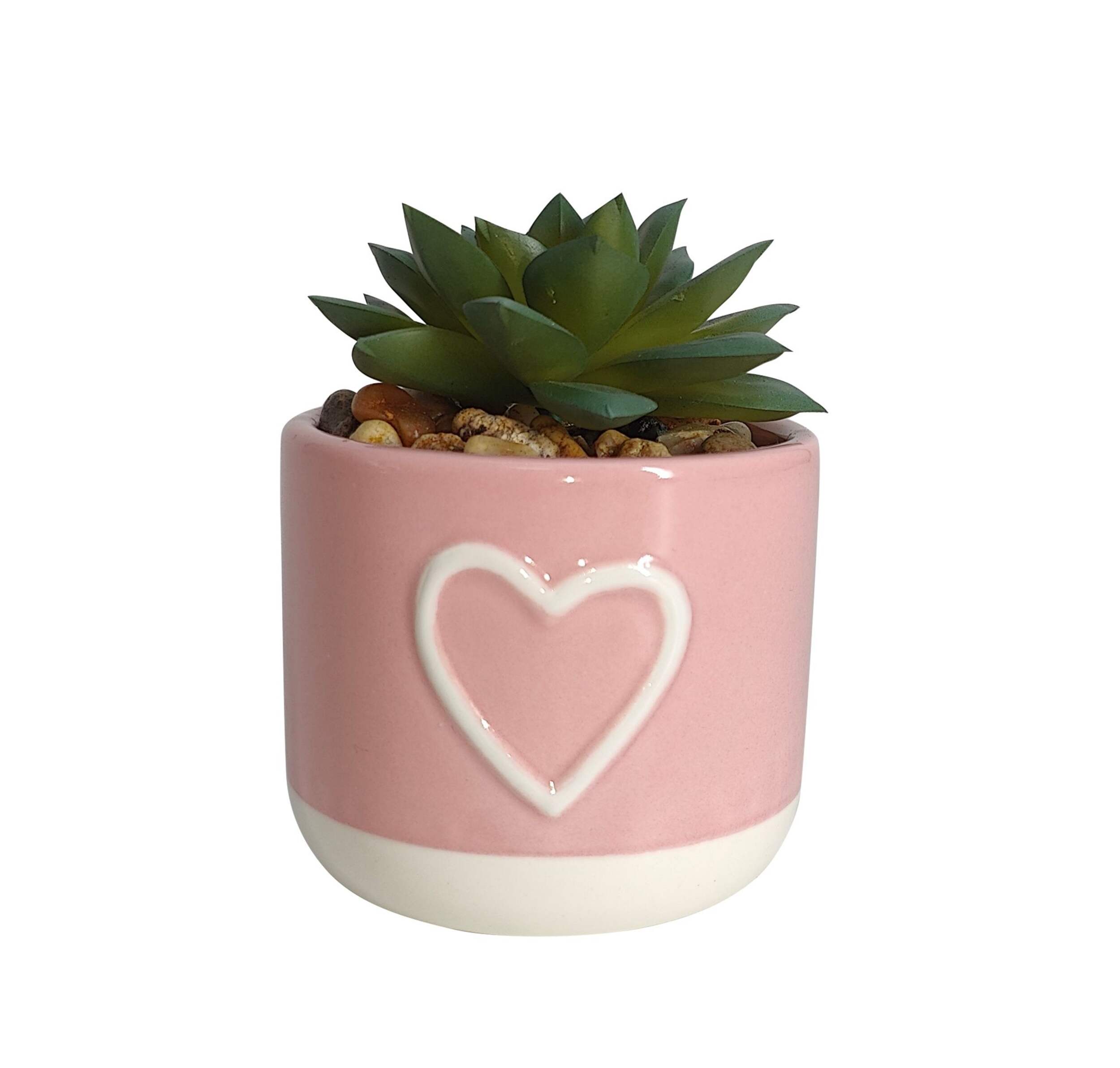 Valentine's Day Pink Ceramic Faux Succulent Plant for Valentine's/Anniversary Day, 2.9-in x 2.9-in x 3.5-in Front_Elevated