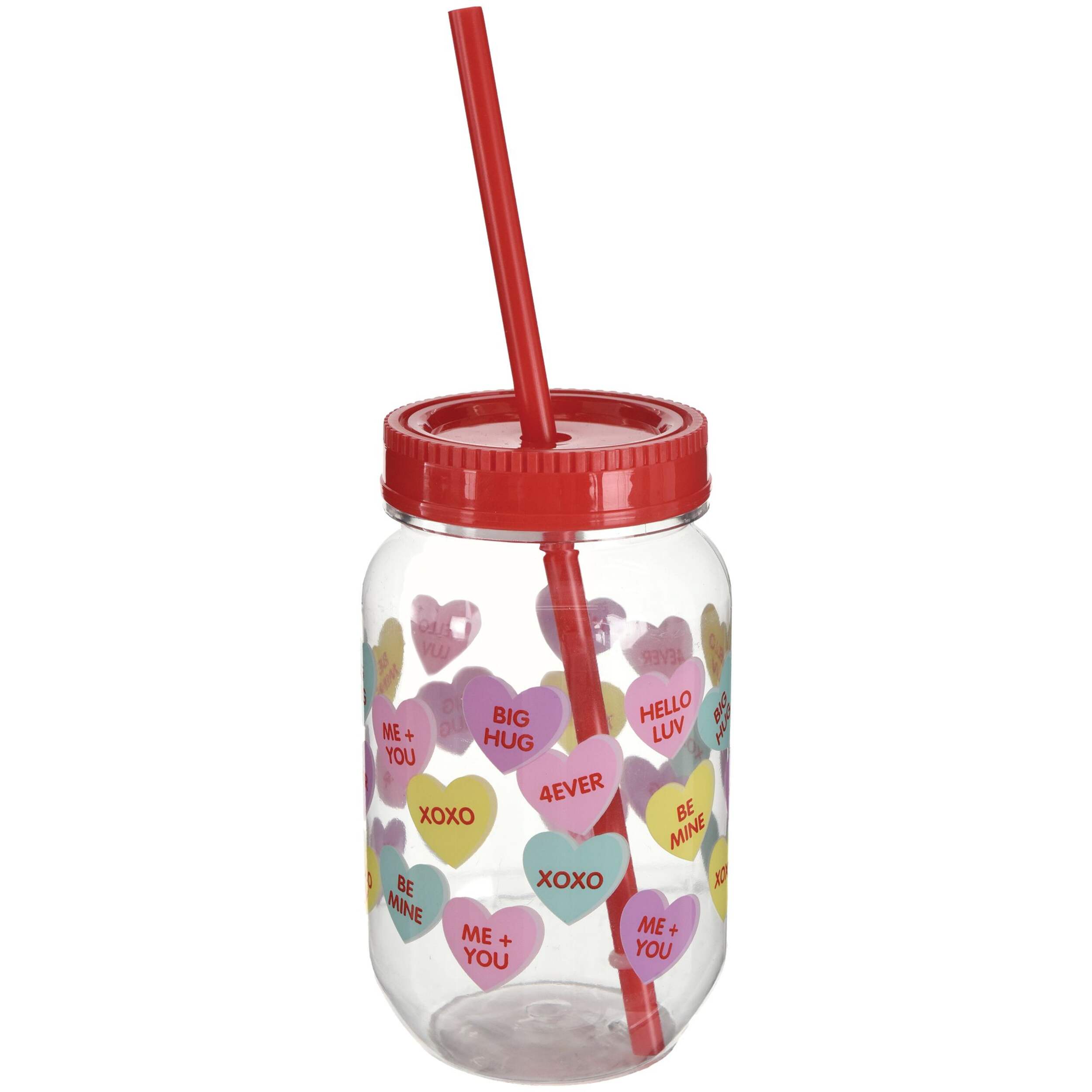 Valentine's Day Heart Plastic Mason Jar Cup/Bottle with Lid & Straw, 18.6-oz Front_Angled_Right