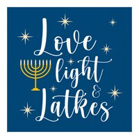 Serviettes à boissons carrées jetables avec l'inscription Love Light Latkes, blanc, bleu et jaune, 5 po, paquet de 20, pour Hanoukka