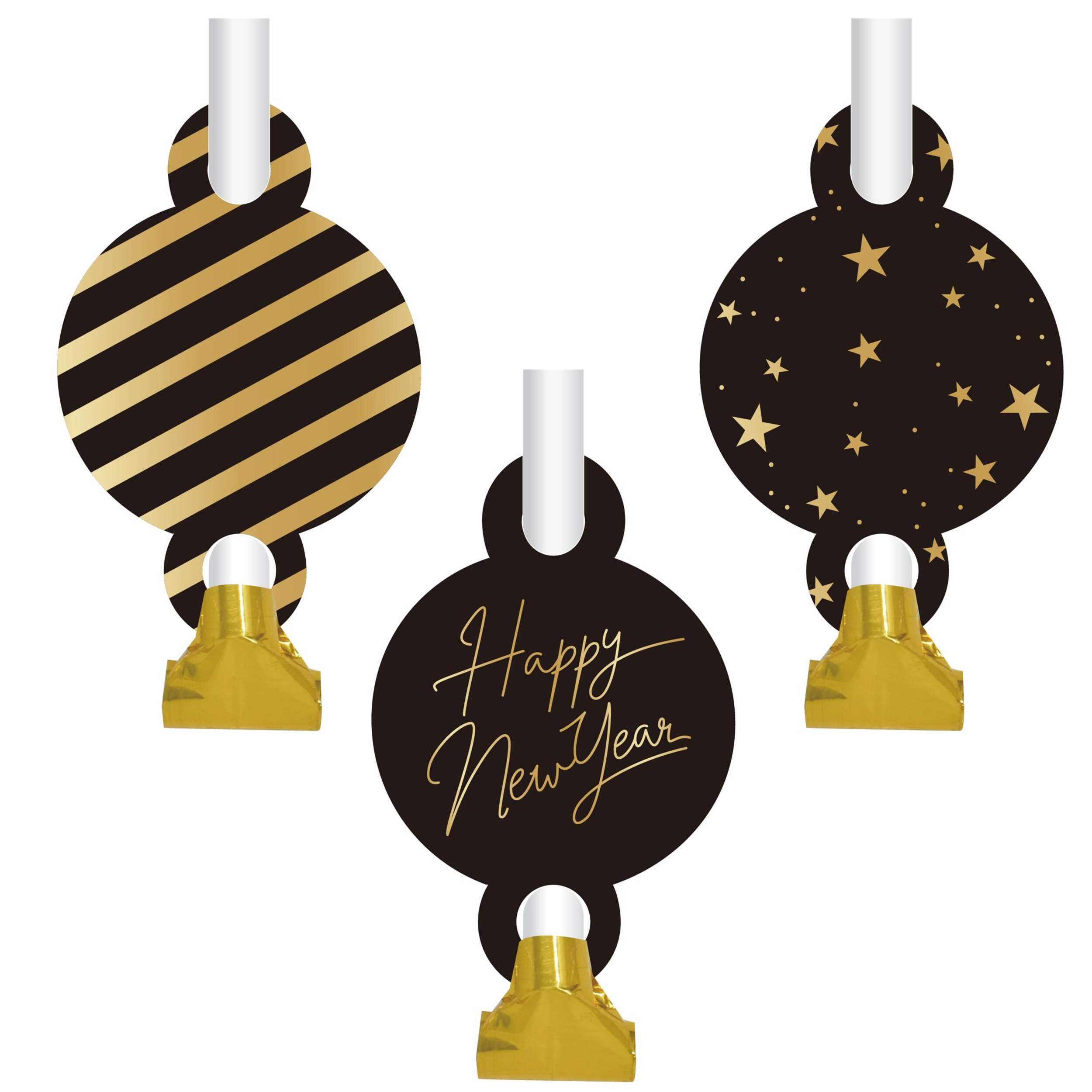 Rainbow Moments Black/Silver/Gold New Year's Eve Noise Maker, 6-pc Front_Flat