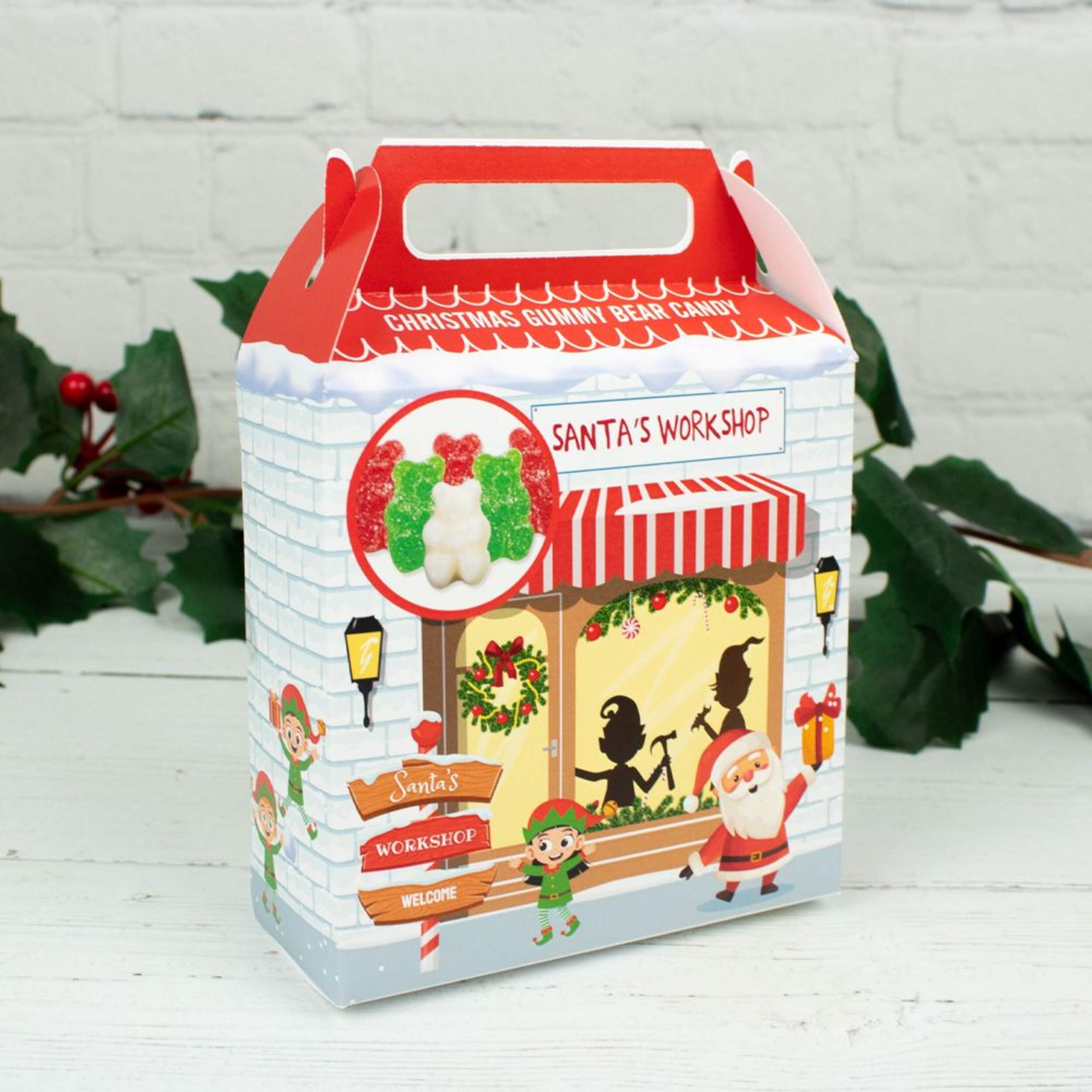 Santa’s Workshop Christmas Gummy Bear Candy, Assorted Fruit Flavours Front_Angled_Right