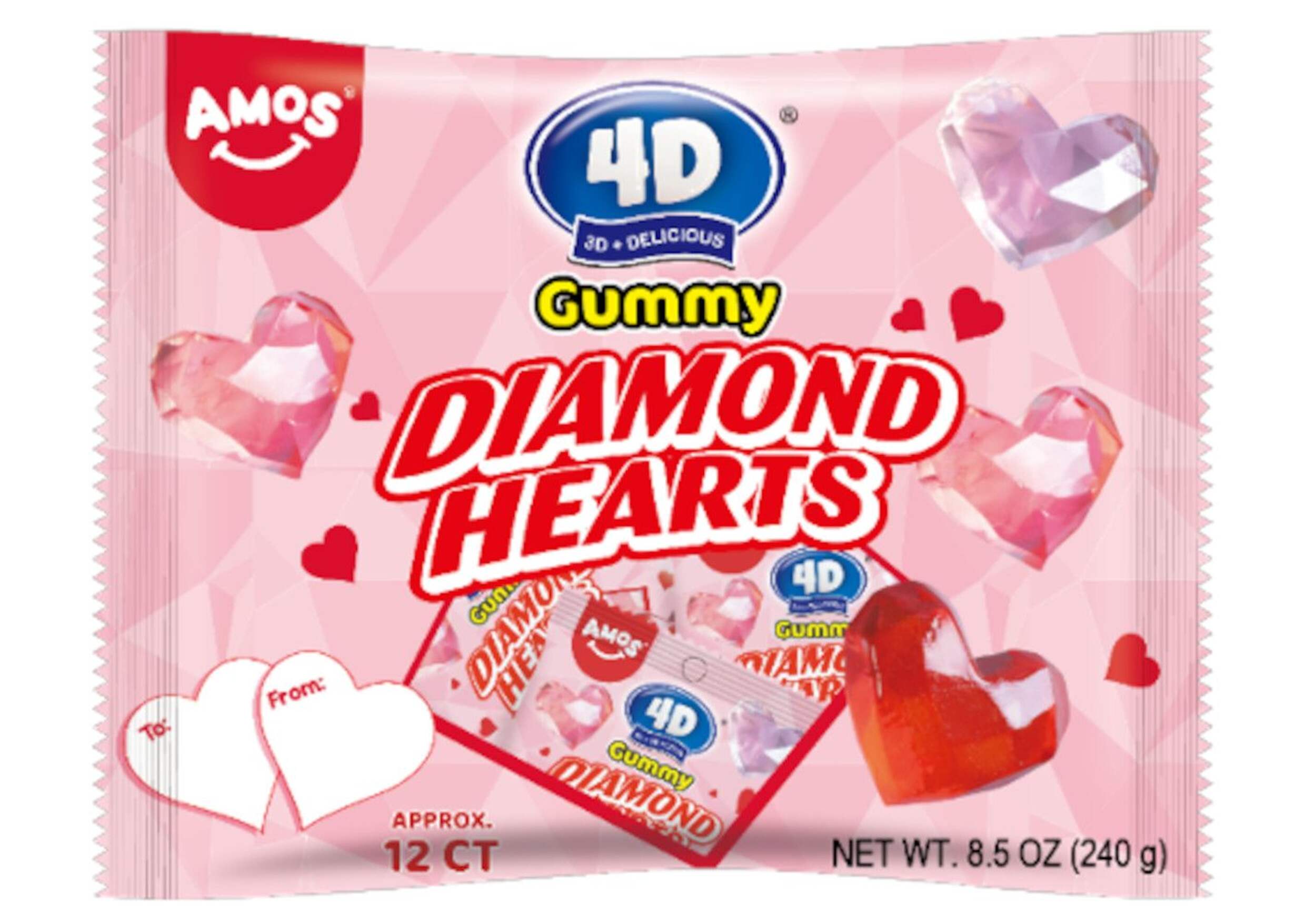 Bonbons Amos 4D en forme de coeurs en diamant, Saint-Valentin, paq. 12 Front_Flat