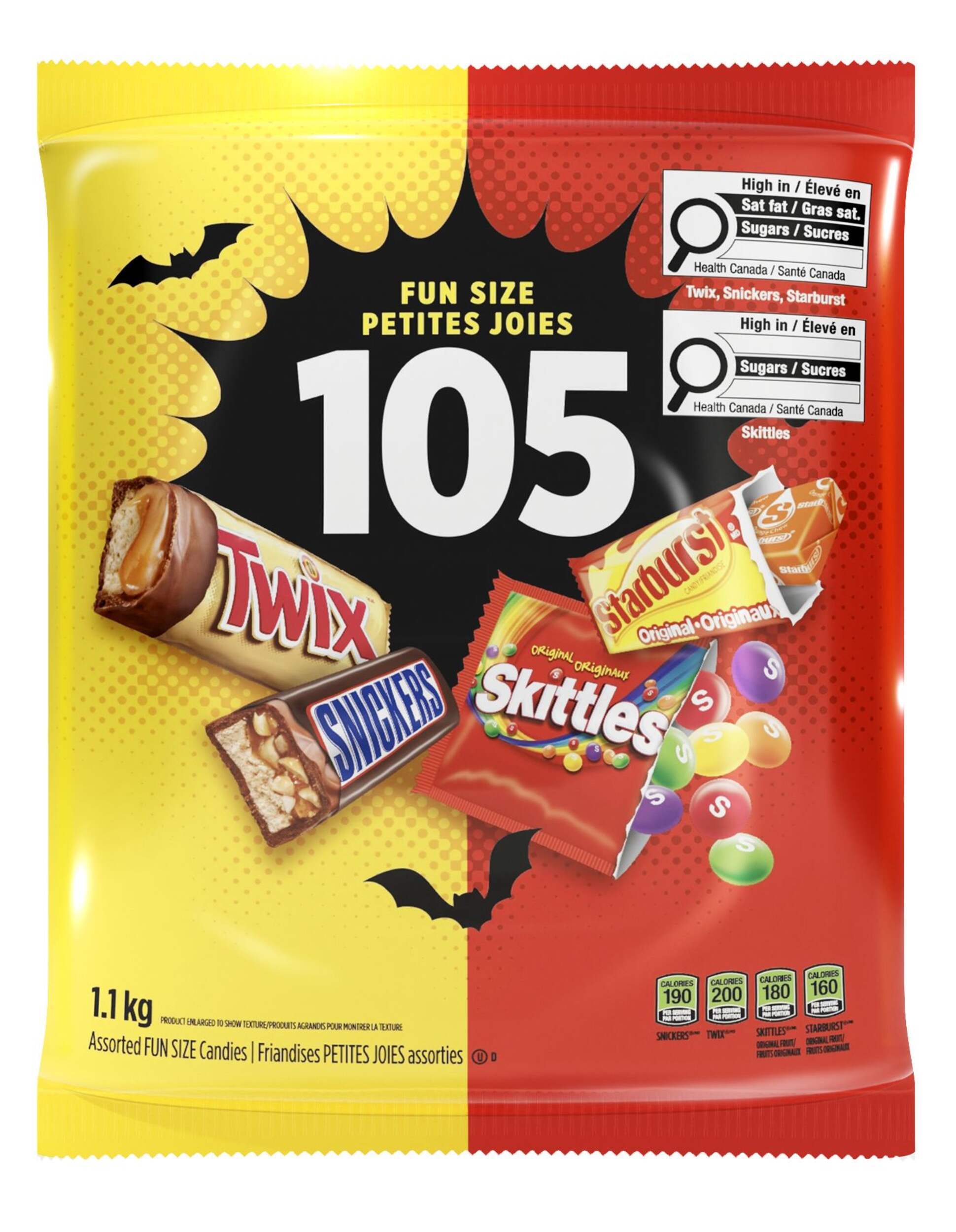 Sacs de chocolats et de bonbons Mars variés, barres assorties, format collation, 1,1 kg, paq. 105, friandises pour l'Halloween Front_Flat