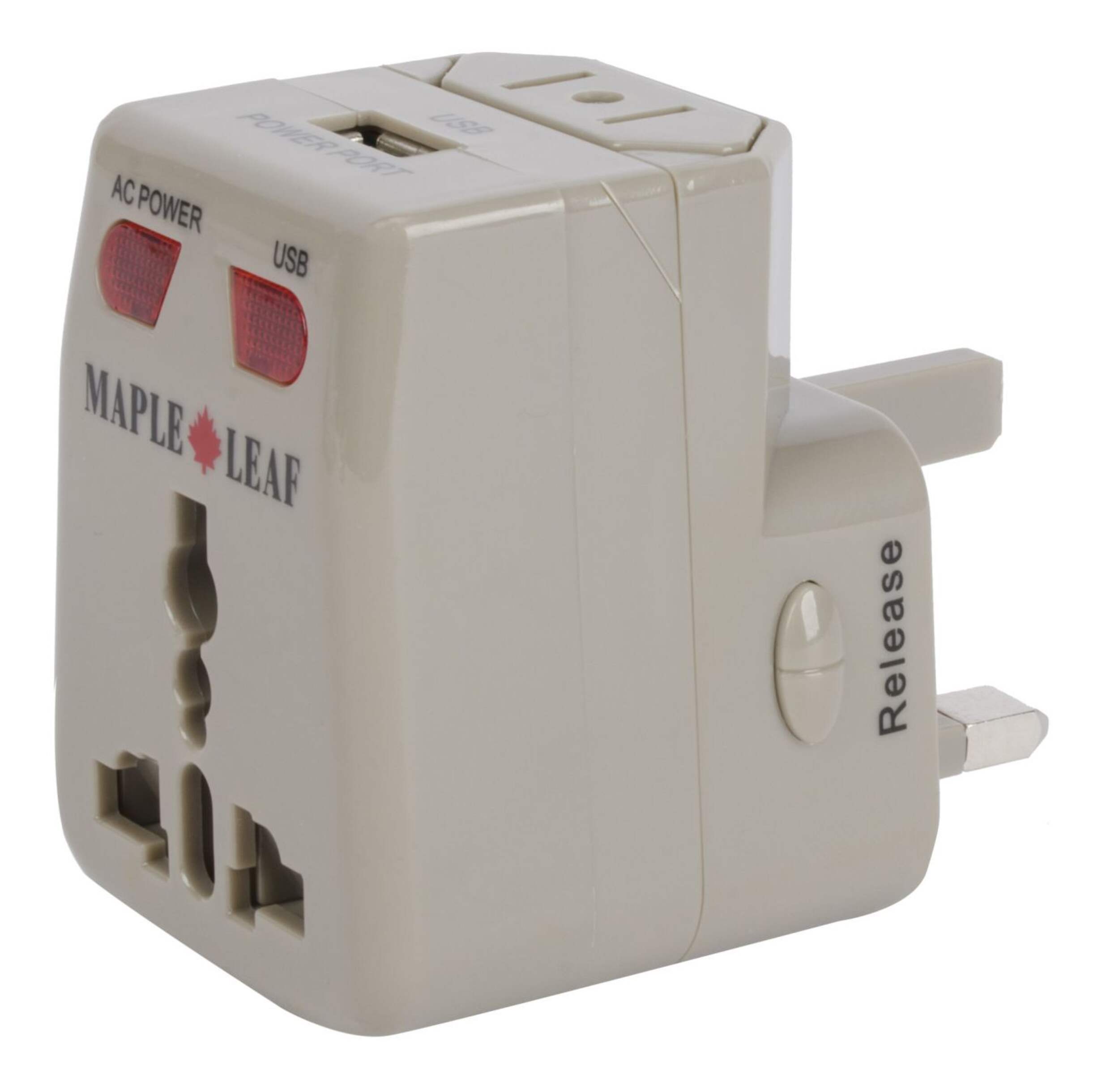 Maple Leaf International Universal Travel Adapter Plugs w/ USB Charging Port Front_Angled_Left