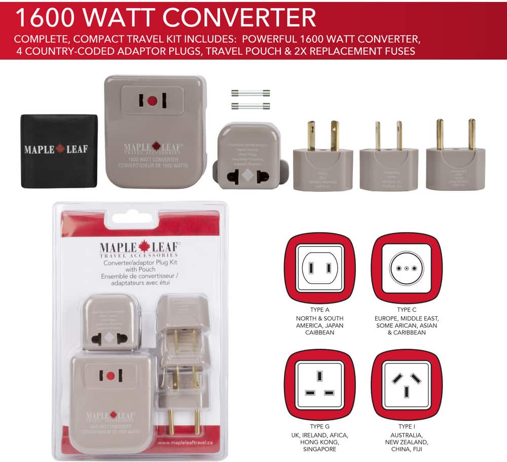 Universal Travel Plug Kit AU/UK/E​U 220v to 110v 1600W Voltage Converter Foreign 