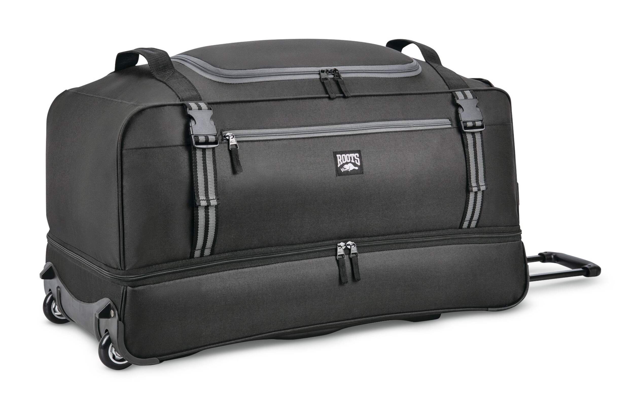 Roots 28-in Wheeled Rolling Travel Luggage Duffle Bag w/ Drop-Bottom Compartment, 122-L, Black Front_Three_Fourths_Angled_Right