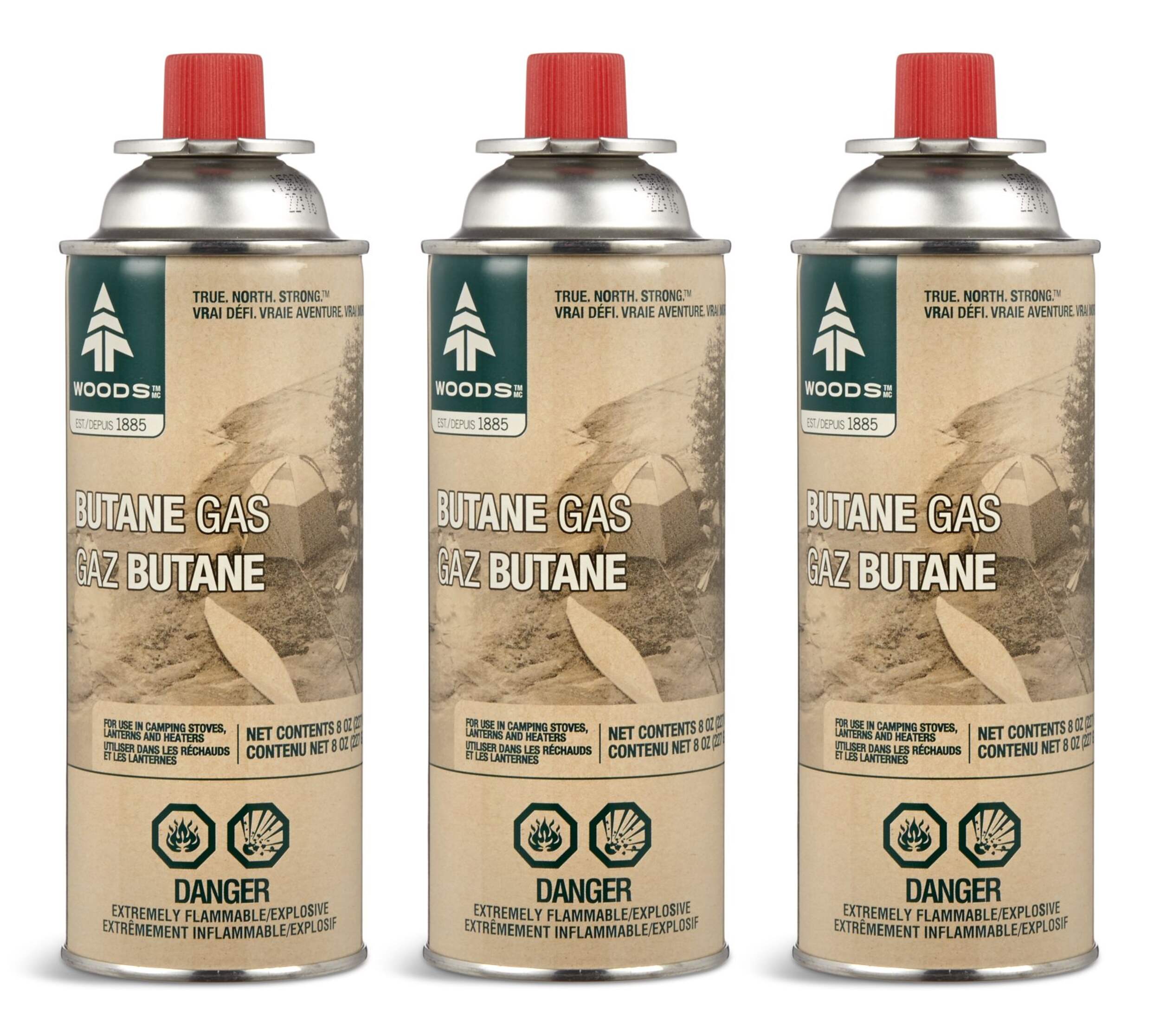 Woods Butane Gas Canister/Cartridge, Fuel For Camping Stoves, Lanterns & Heaters, 8-oz, 3-pk Front_Flat