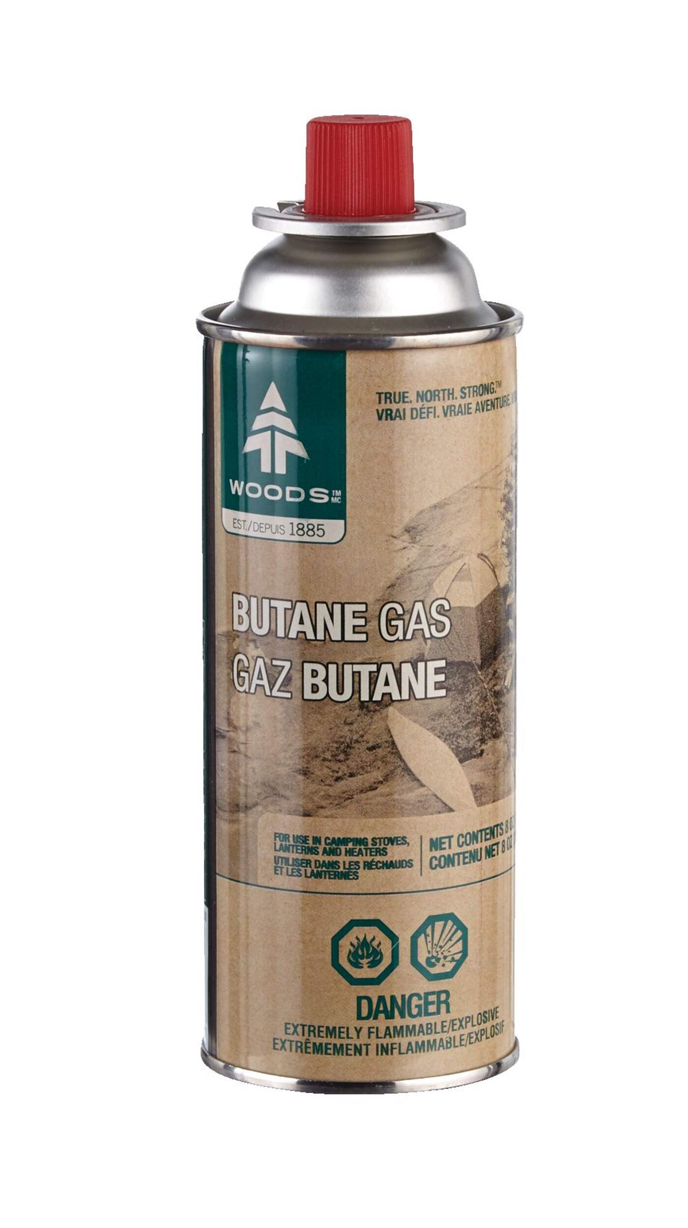 Woods Butane Gas Canister/Cartridge, Fuel For Camping Stoves/Lanterns/Heaters, 8-oz Front_Flat