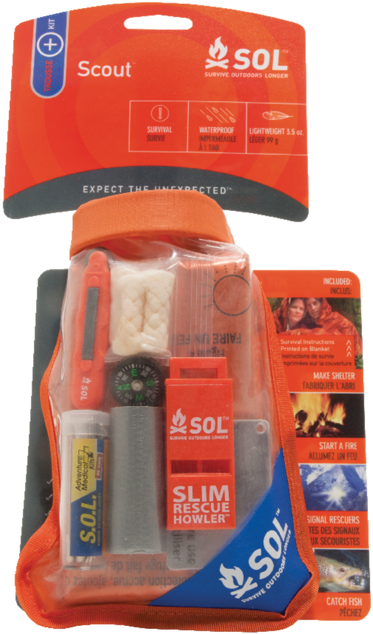 S.O.L. Survive Outdoors Longer Scout Emergency Survival Kit w/ Blanket,  Compass, Whistle & Fire Starter