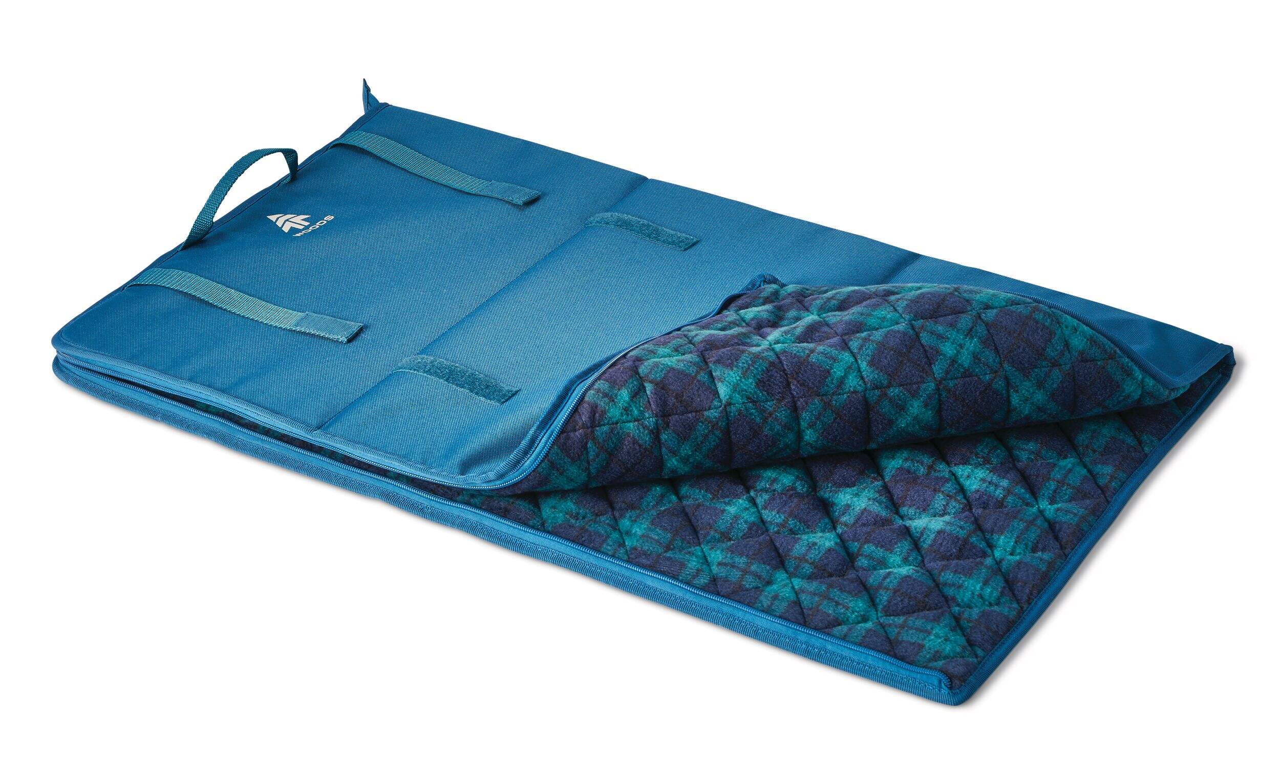 Woods DOG-WOOD Soft Plaid Folding Dog Camp Mat, 38.6-in x 31.1-in, Blue Front_Angled_Left
