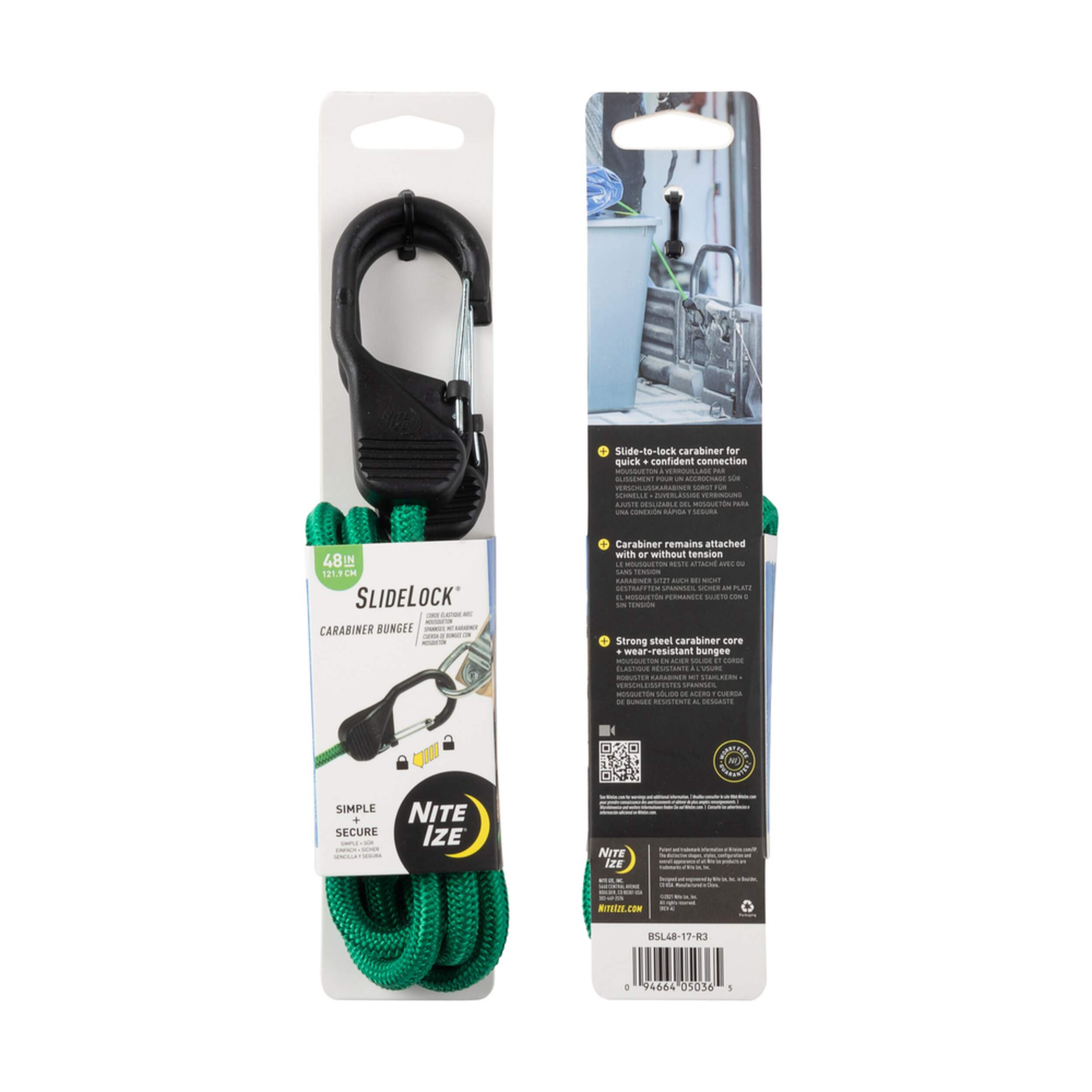 NiteIze SlideLock Carabiner Bungee, 48-in, Green, Wear-Resistant, 8-mm Diameter Composite_or_Mixed
