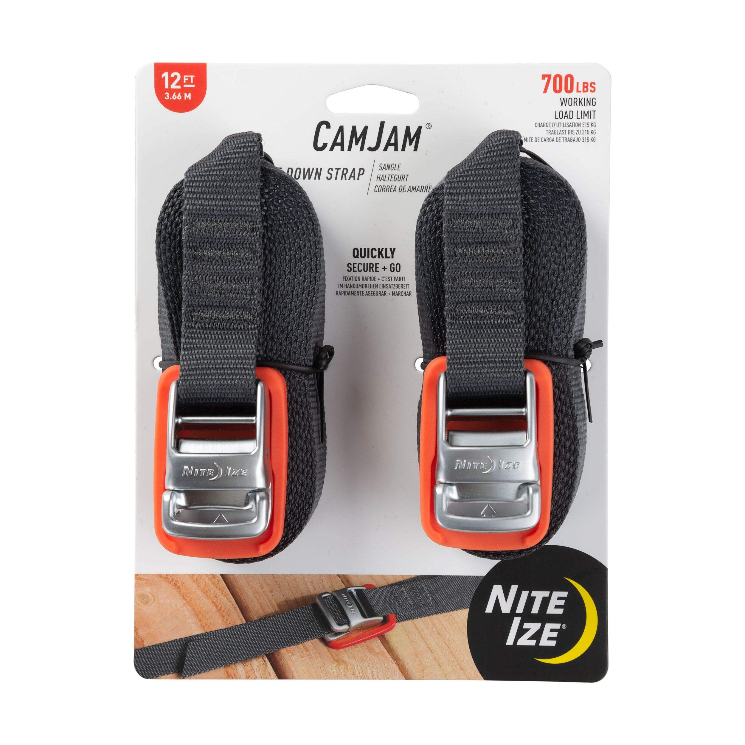 NiteIze CamJam Tie Down, 12-ft, 2-pk, 700-lb Load Limit, Nickel Plate Finish, Black Front_Flat