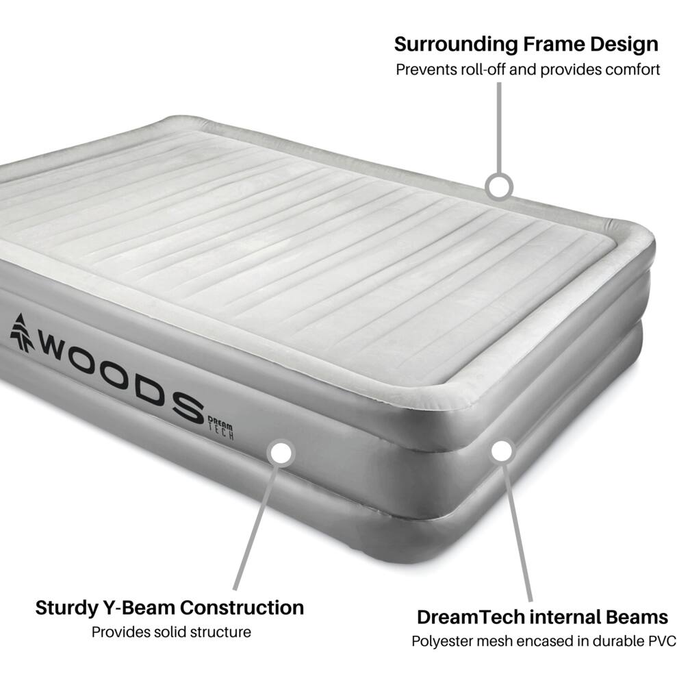 woods queen double high airbed with integrated pump