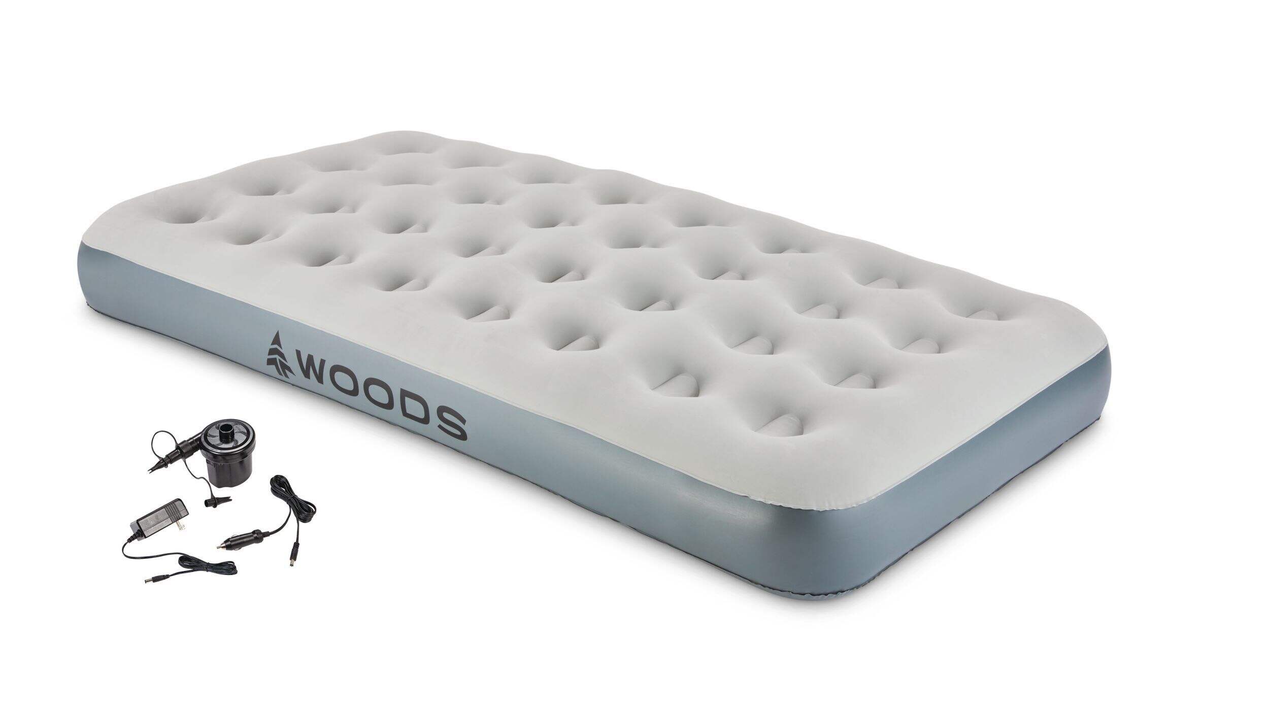Woods Twin Single-High Inflatable Air Mattress/Airbed, 2-in-1 Pump For AC/Car Outlet, Beige Front_Three_Fourths_Angled_Left