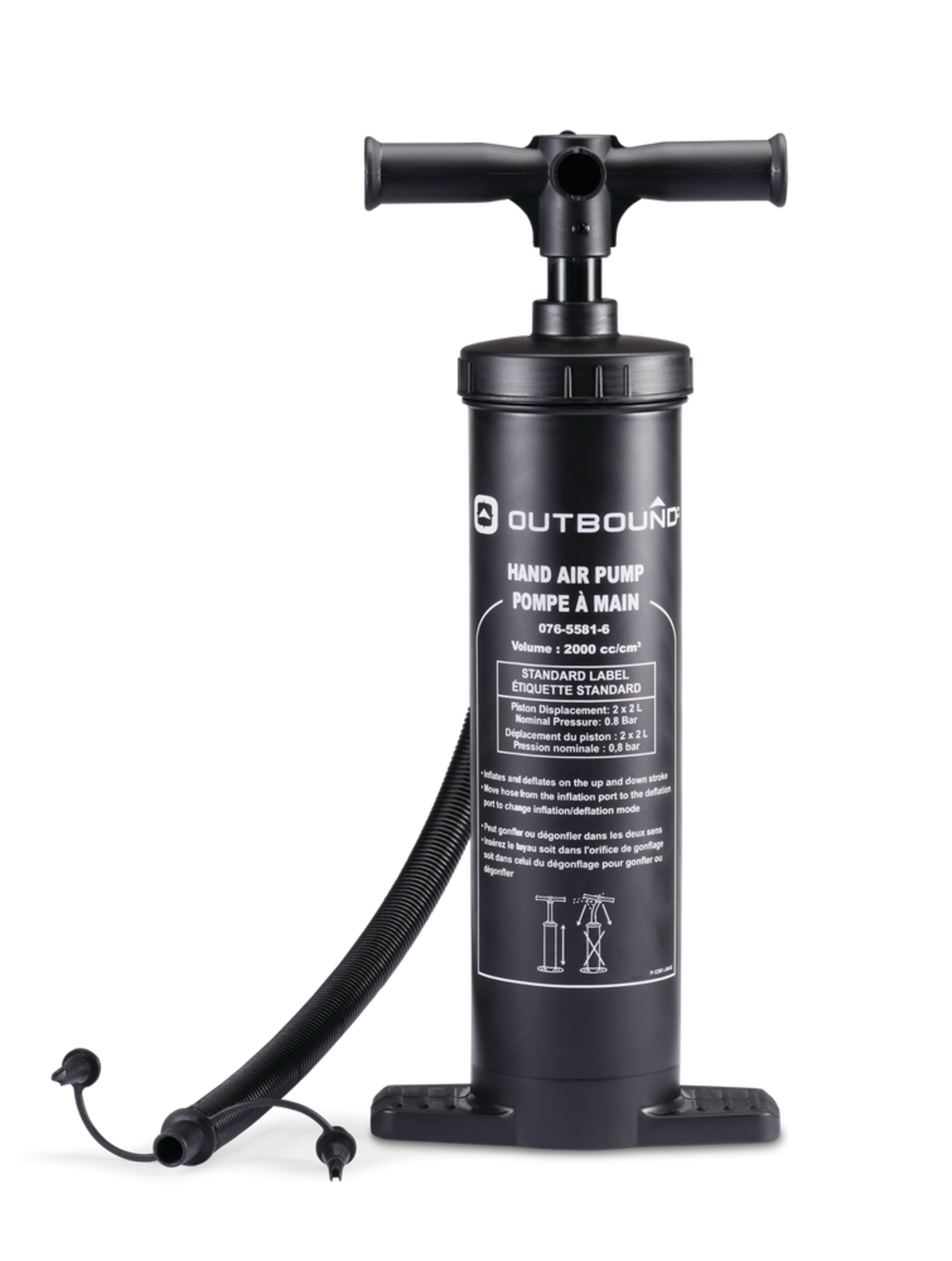 Outbound Hammer 19In Hand Air Pump w/ Flexible Hose & Valve Nozzles, Inflates/Deflates