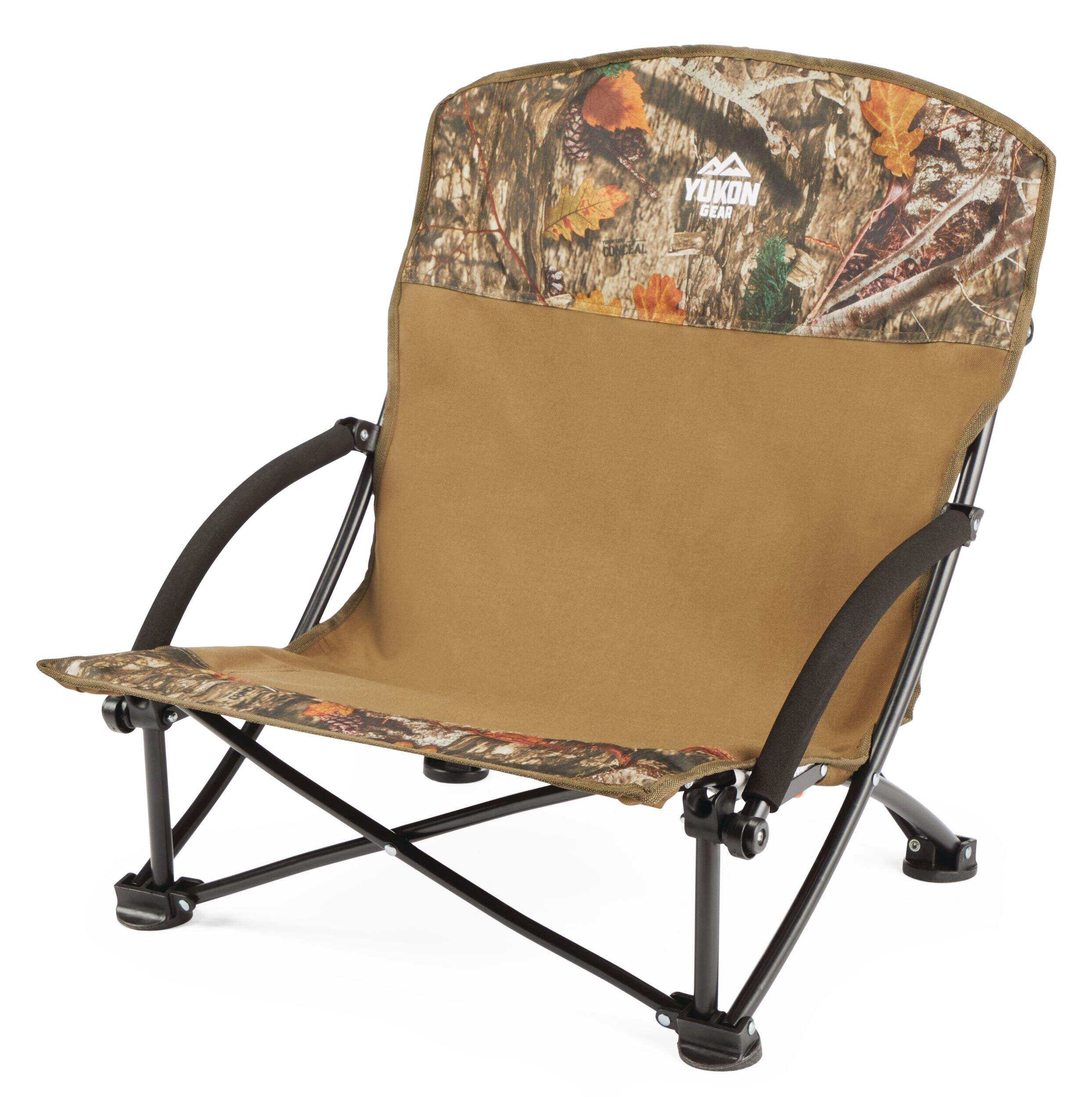 Chaise de camping camouflage pliante portative à profil bas Huntshield Realtree avec étui de transport Front_Angled_Left